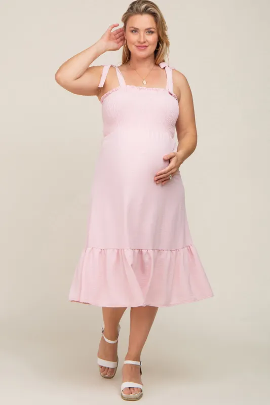 Light Pink Smocked Shoulder Tie Maternity Plus Midi Dress sold by Pinkblush