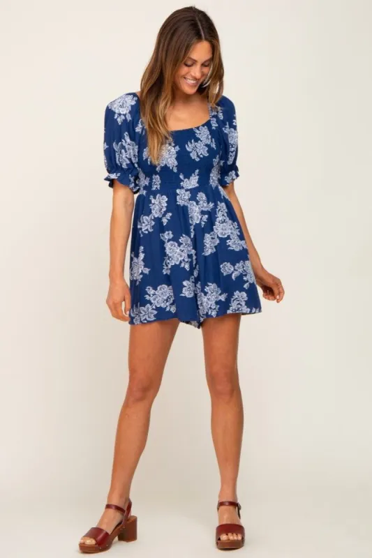 Navy Floral Smocked Puff Sleeve Romper sold by Pinkblush