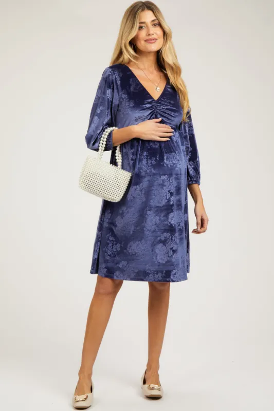 Navy Velvet Floral Ruched Neck Maternity Dress sold by Pinkblush