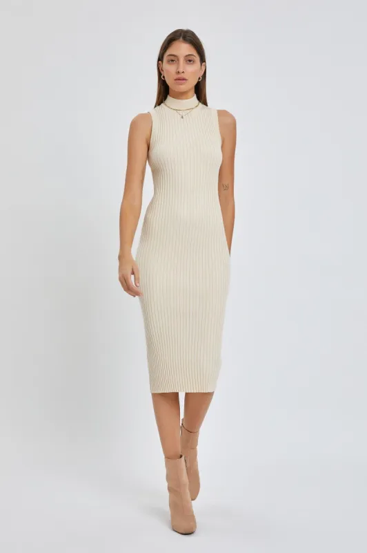 Beige Ribbed Fitted Mock Neck Dress sold by Pinkblush