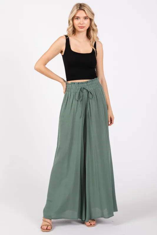 Olive Wide Leg Smocked Lightweight Pants sold by Pinkblush