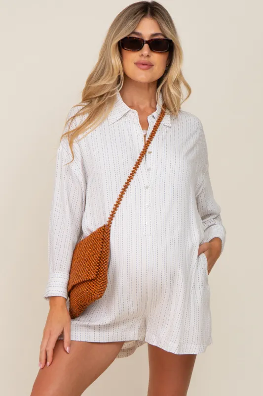Light Blue Dash Stripe Maternity Romper sold by Pinkblush