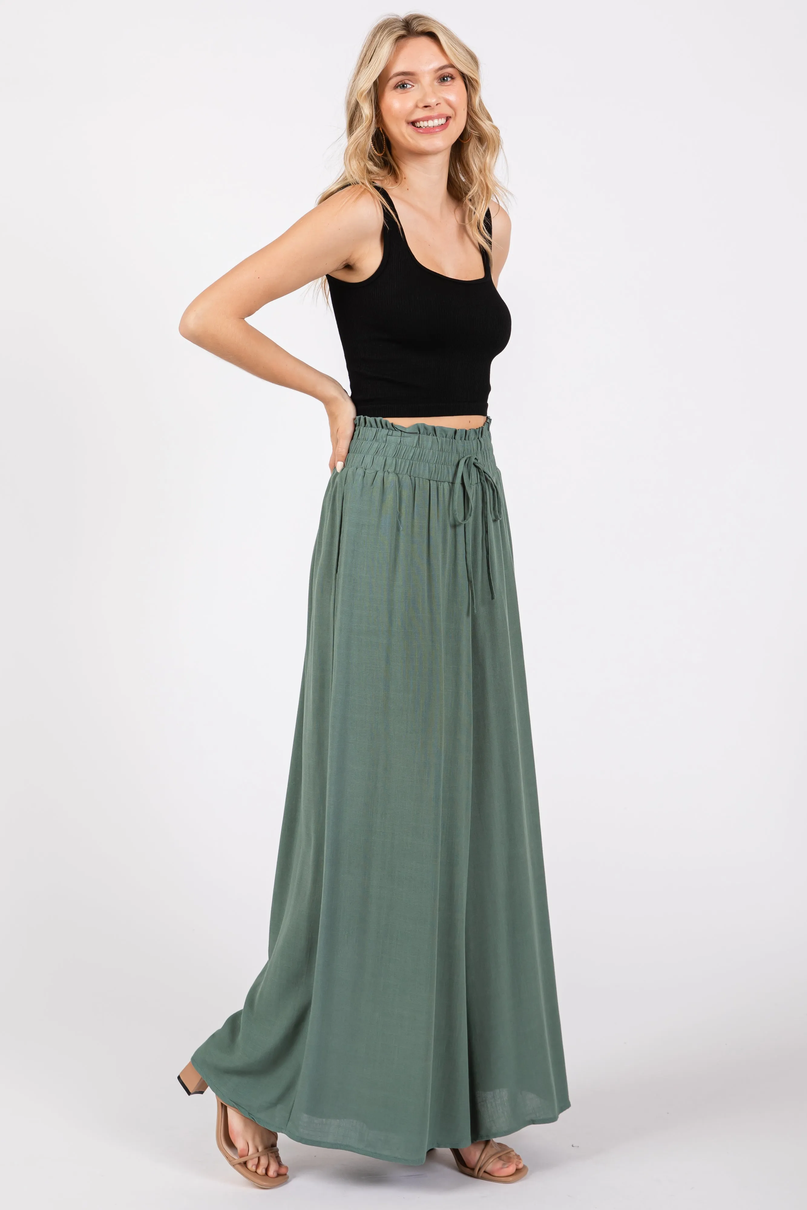 Olive Wide Leg Smocked Lightweight Pants sold by Pinkblush product image thumbnail 2