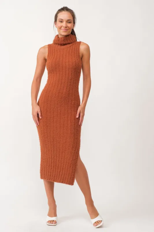 Camel Fuzzy Knit Sleeveless Turtle Neck Midi Dress sold by Pinkblush
