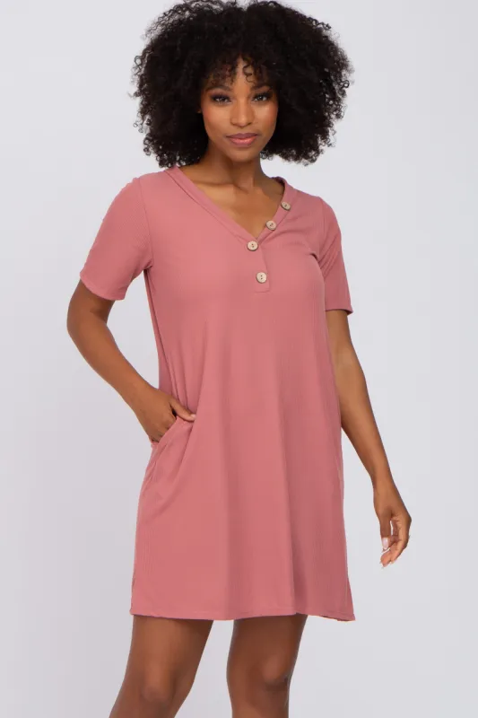 Mauve Ribbed Button Accent Dress sold by Pinkblush