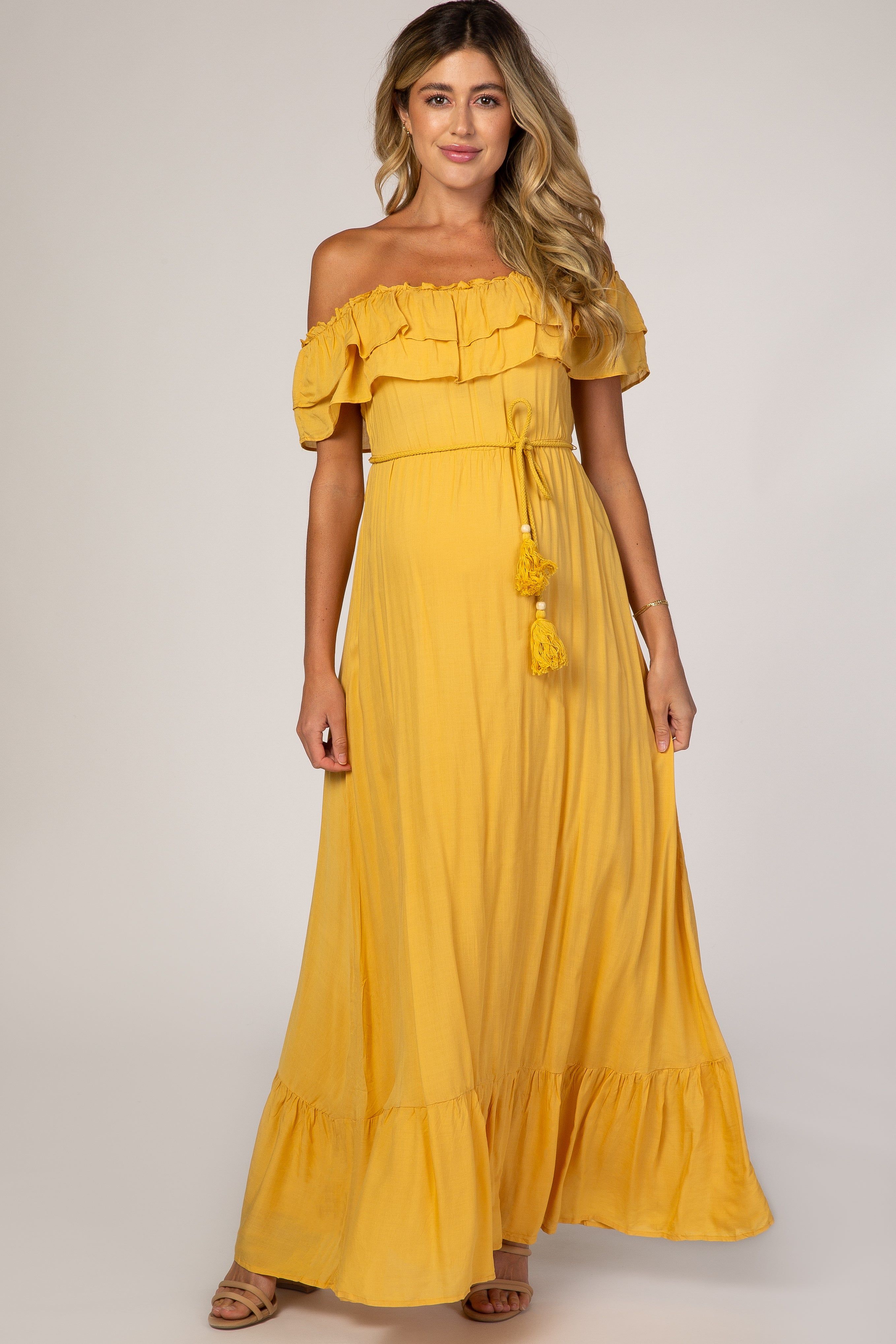 Yellow Off Shoulder Tassel Tie Maternity Maxi Dress sold by Pinkblush product image thumbnail 4