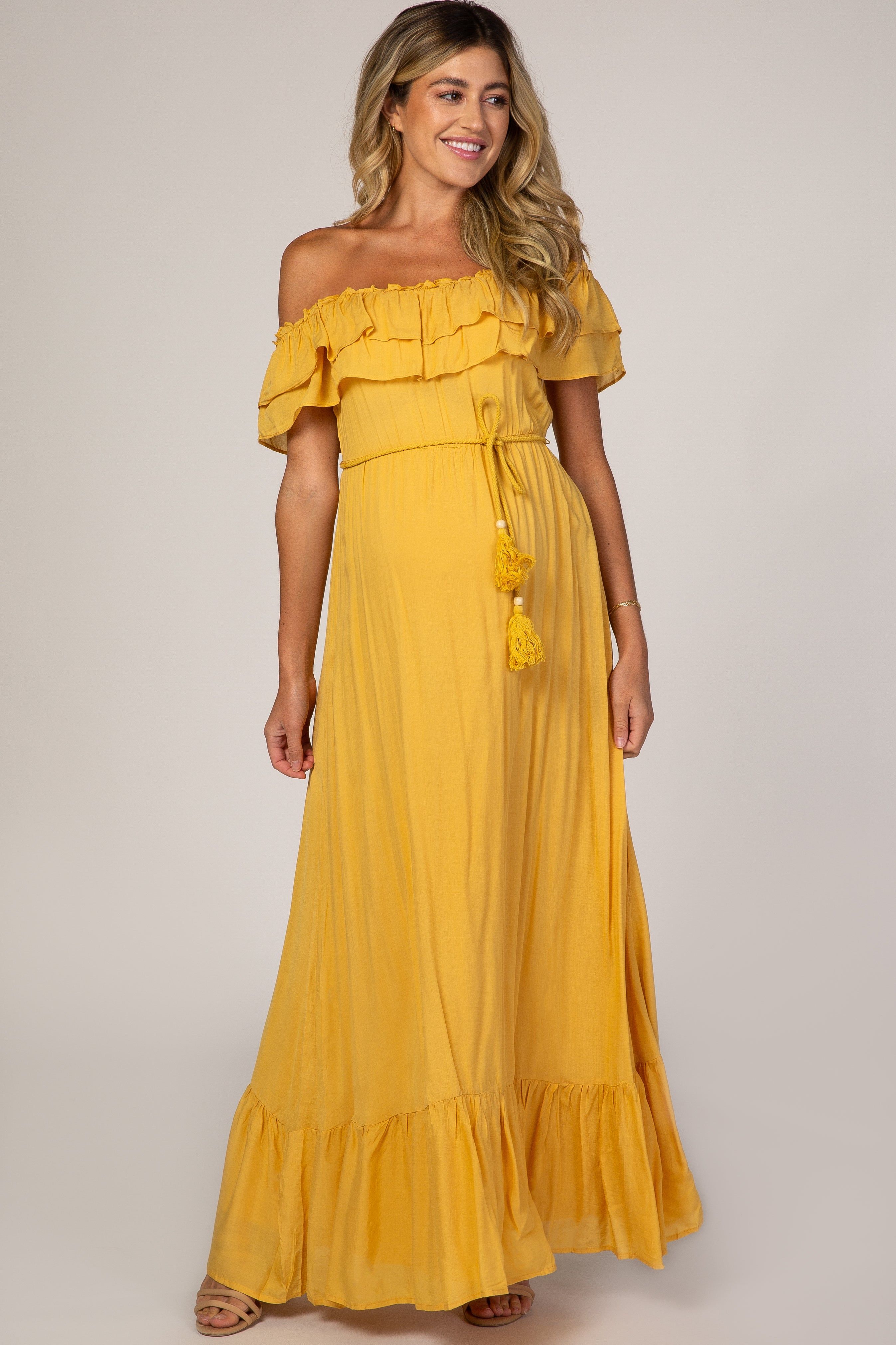 Yellow Off Shoulder Tassel Tie Maternity Maxi Dress sold by Pinkblush