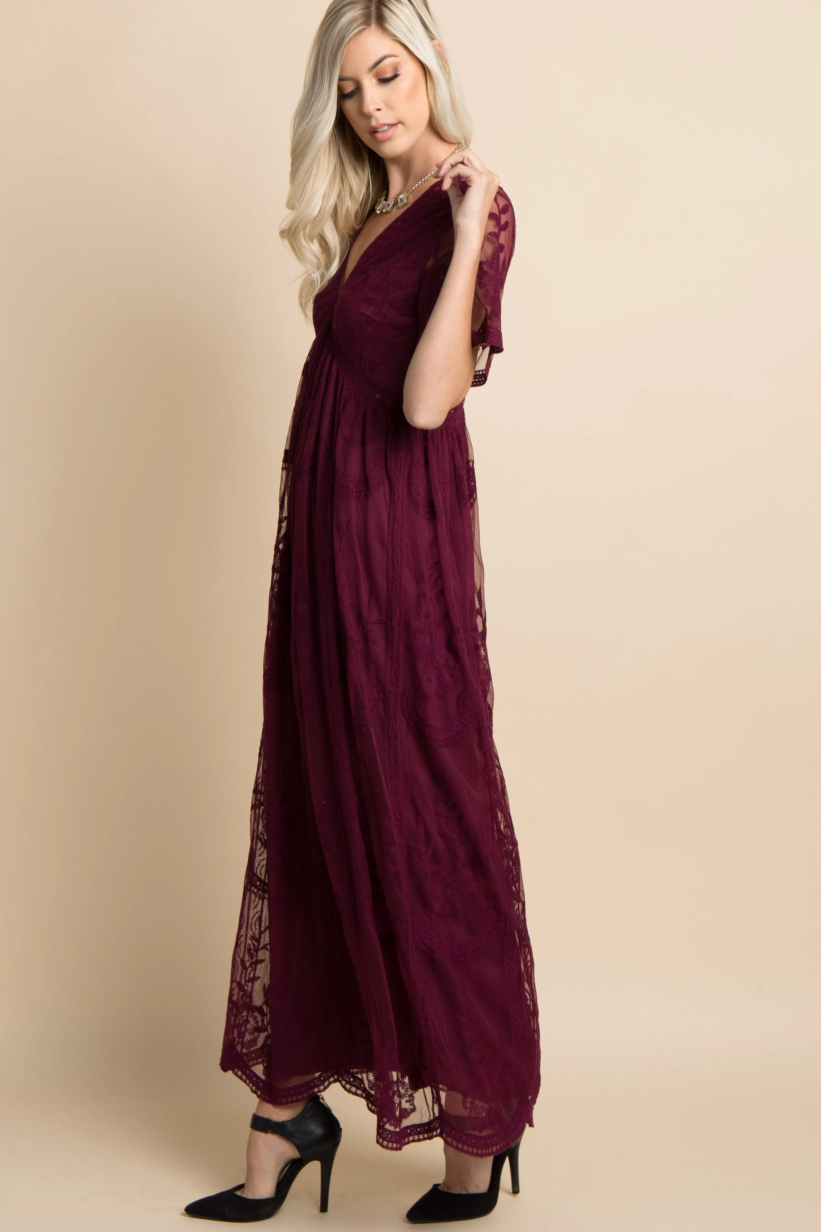 Burgundy Lace Mesh Overlay Maxi Dress sold by Pinkblush product image thumbnail 2