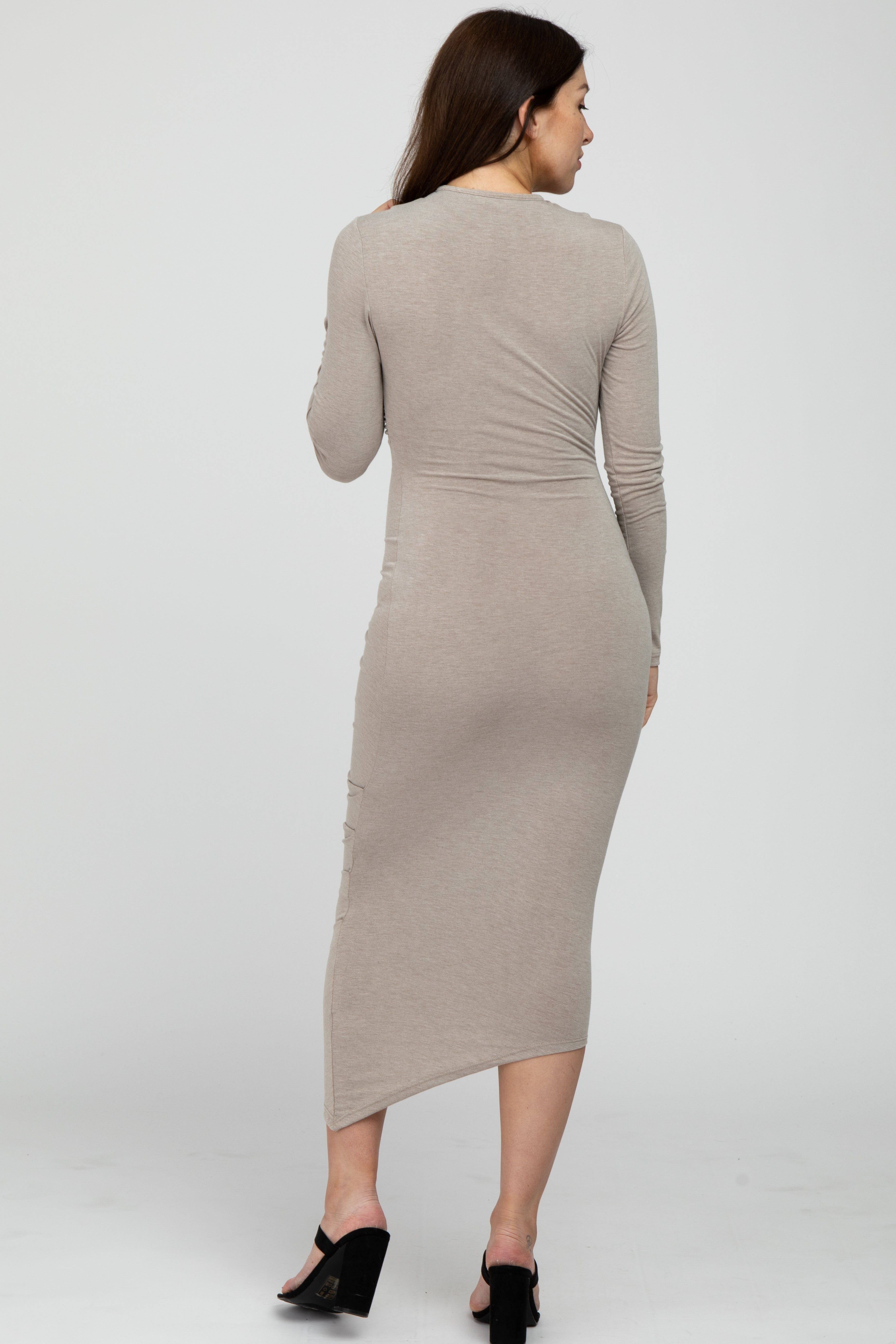 Mocha Ruched Side Mock Neck Fitted Maternity Midi Dress sold by Pinkblush product image thumbnail 4