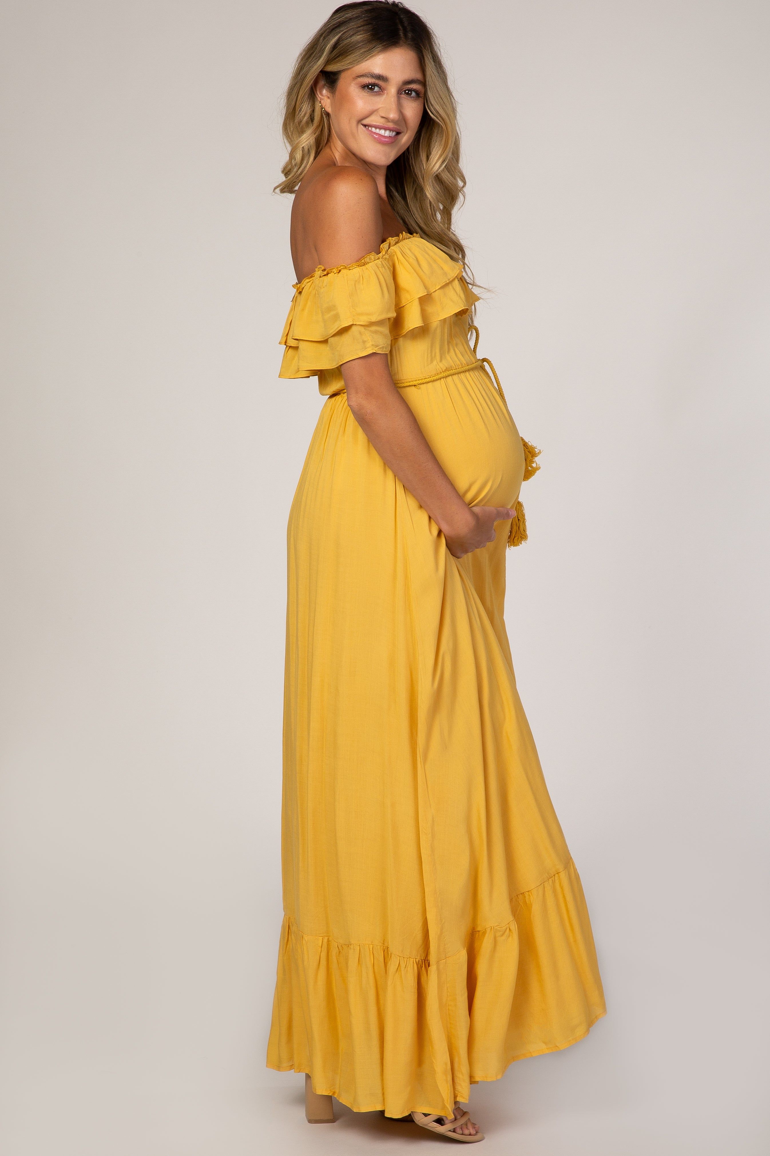 Yellow Off Shoulder Tassel Tie Maternity Maxi Dress sold by Pinkblush product image thumbnail 2