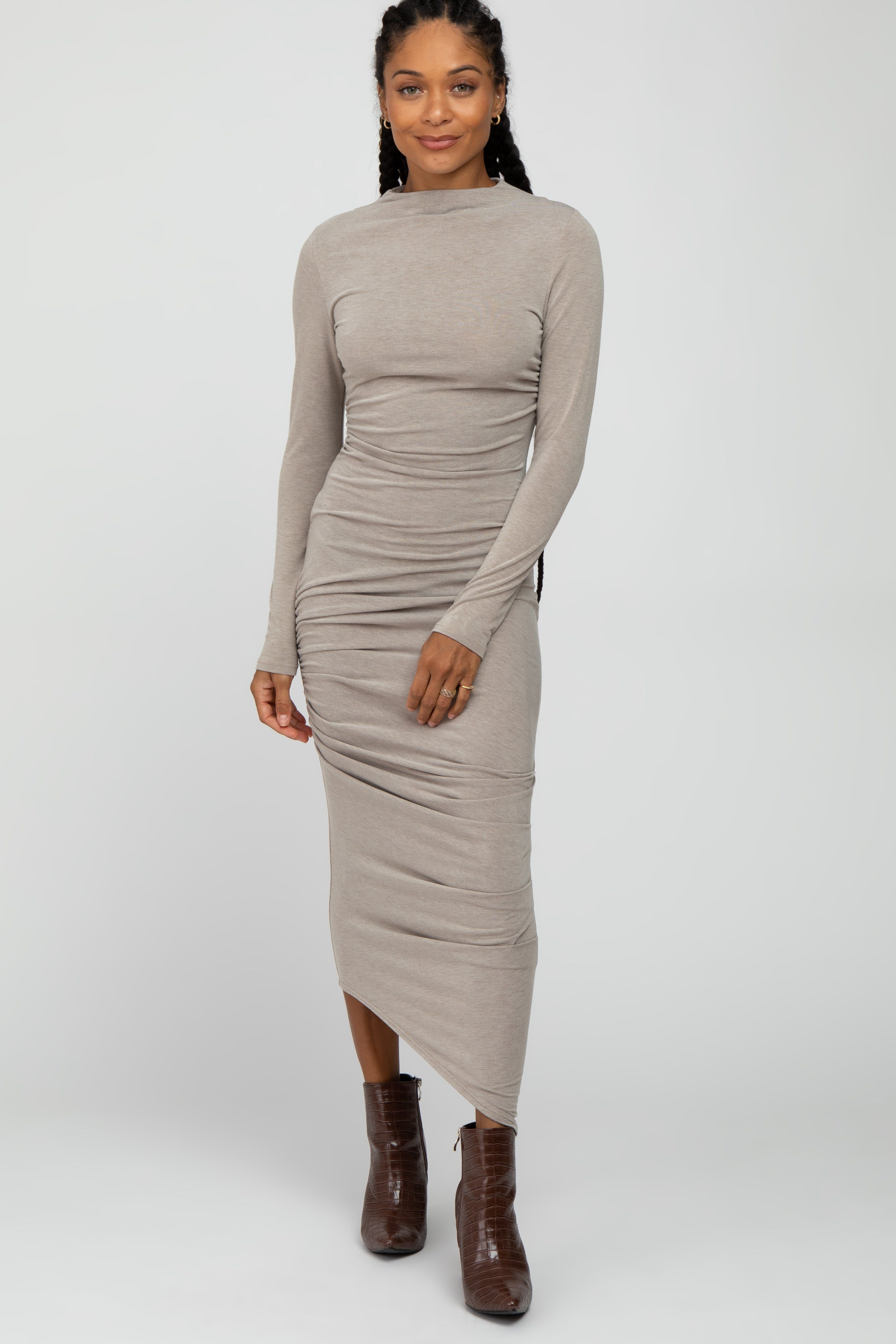 Mocha Ruched Side Mock Neck Fitted Maternity Midi Dress sold by Pinkblush product image thumbnail 5