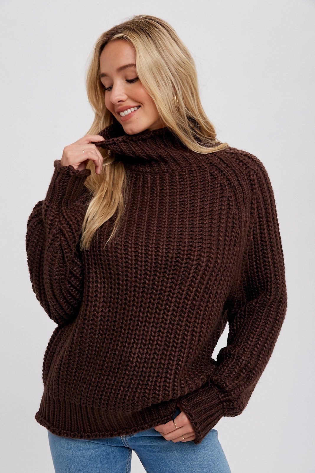 Brown Chunky Knit Mock Neck Sweater sold by Pinkblush