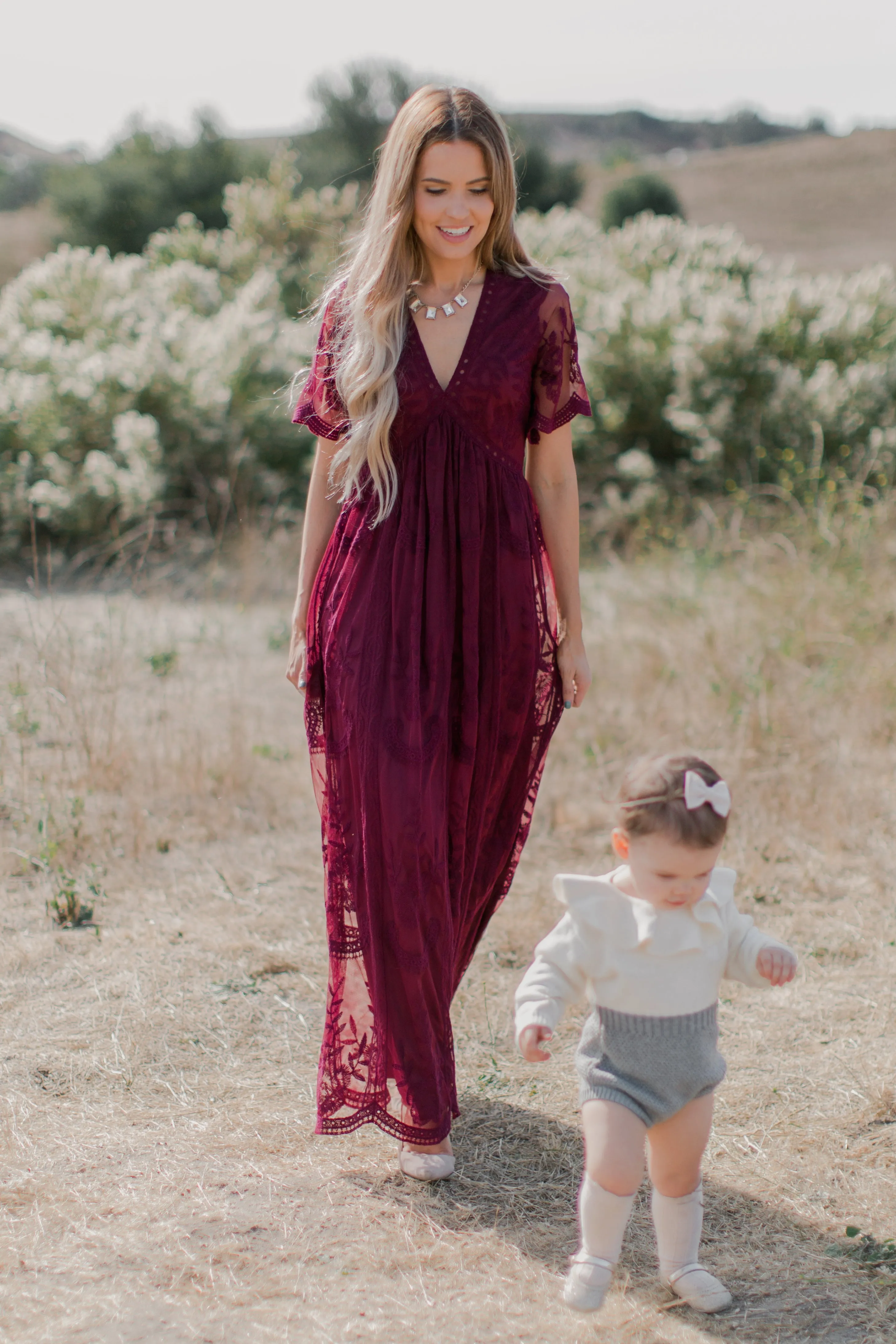 Burgundy Lace Mesh Overlay Maxi Dress sold by Pinkblush product image thumbnail 4