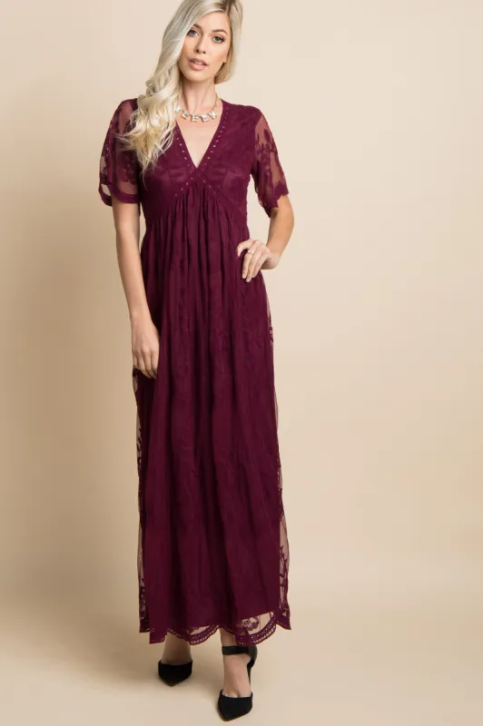 Burgundy Lace Mesh Overlay Maxi Dress sold by Pinkblush