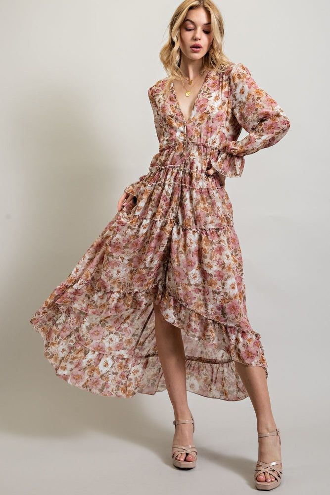 Dusty Rose Bohemian Floral High Low Maxi Dress sold by Pinkblush