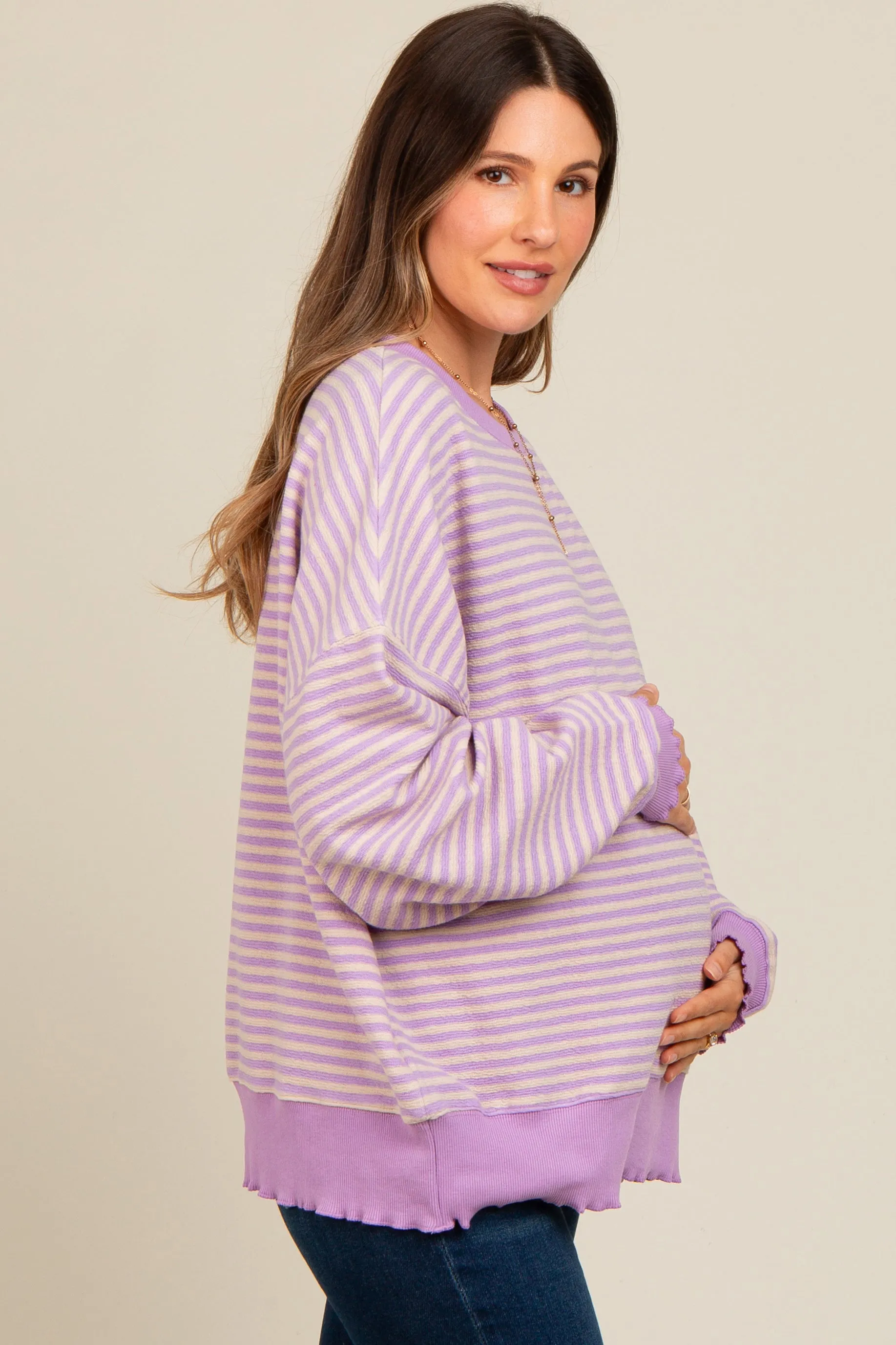 Lavender Striped Ruffle Hem Maternity Long Sleeve Top sold by Pinkblush product image thumbnail 3