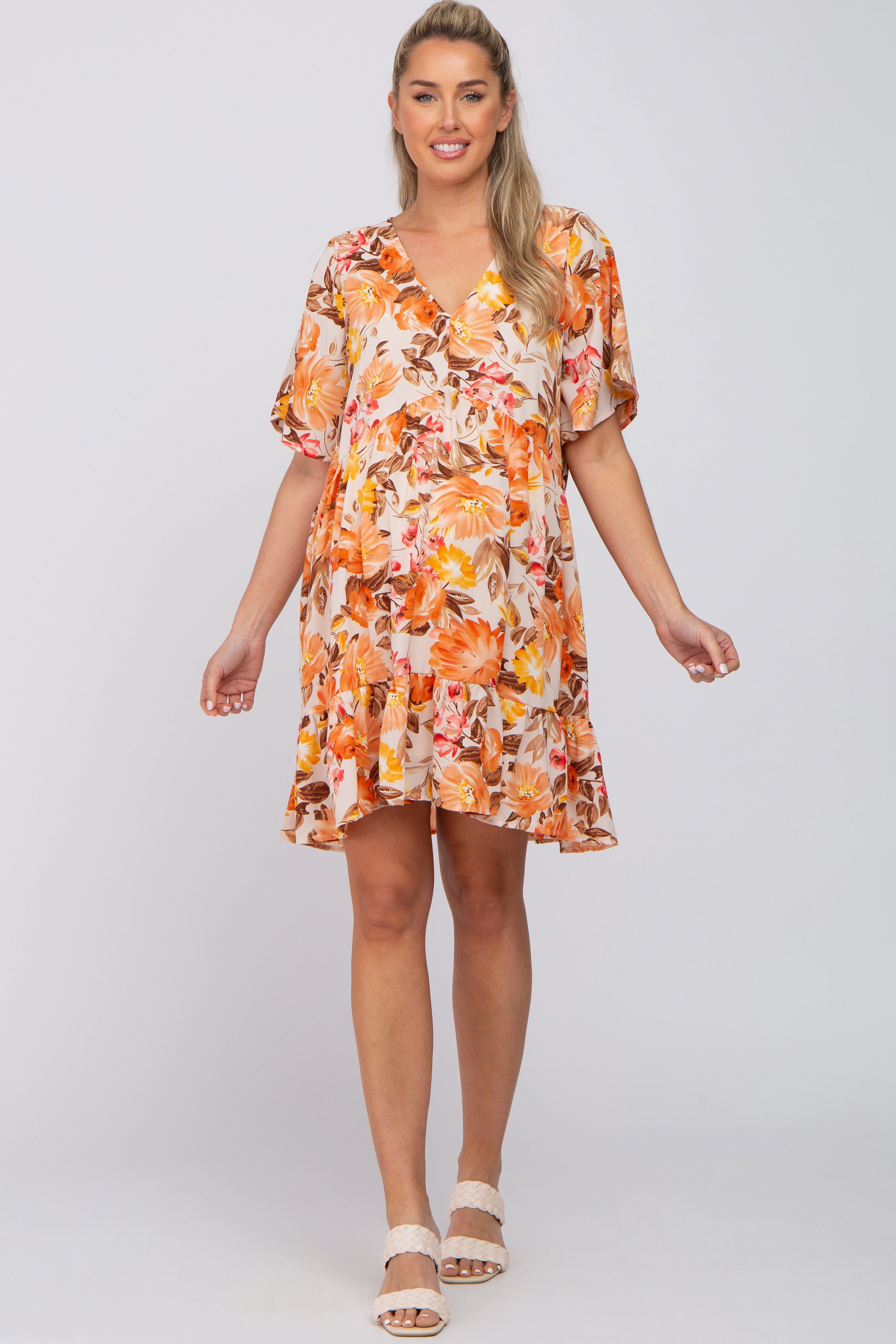 Beige Floral V-Neck Ruffle Hem Maternity Dress sold by Pinkblush product image thumbnail 4