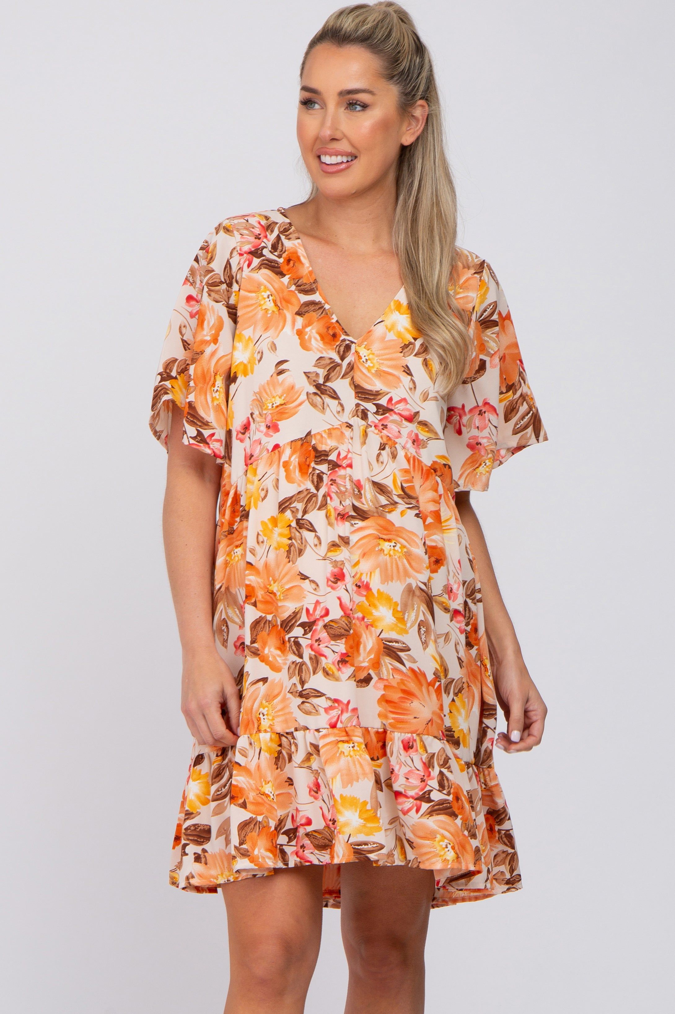 Beige Floral V-Neck Ruffle Hem Maternity Dress sold by Pinkblush