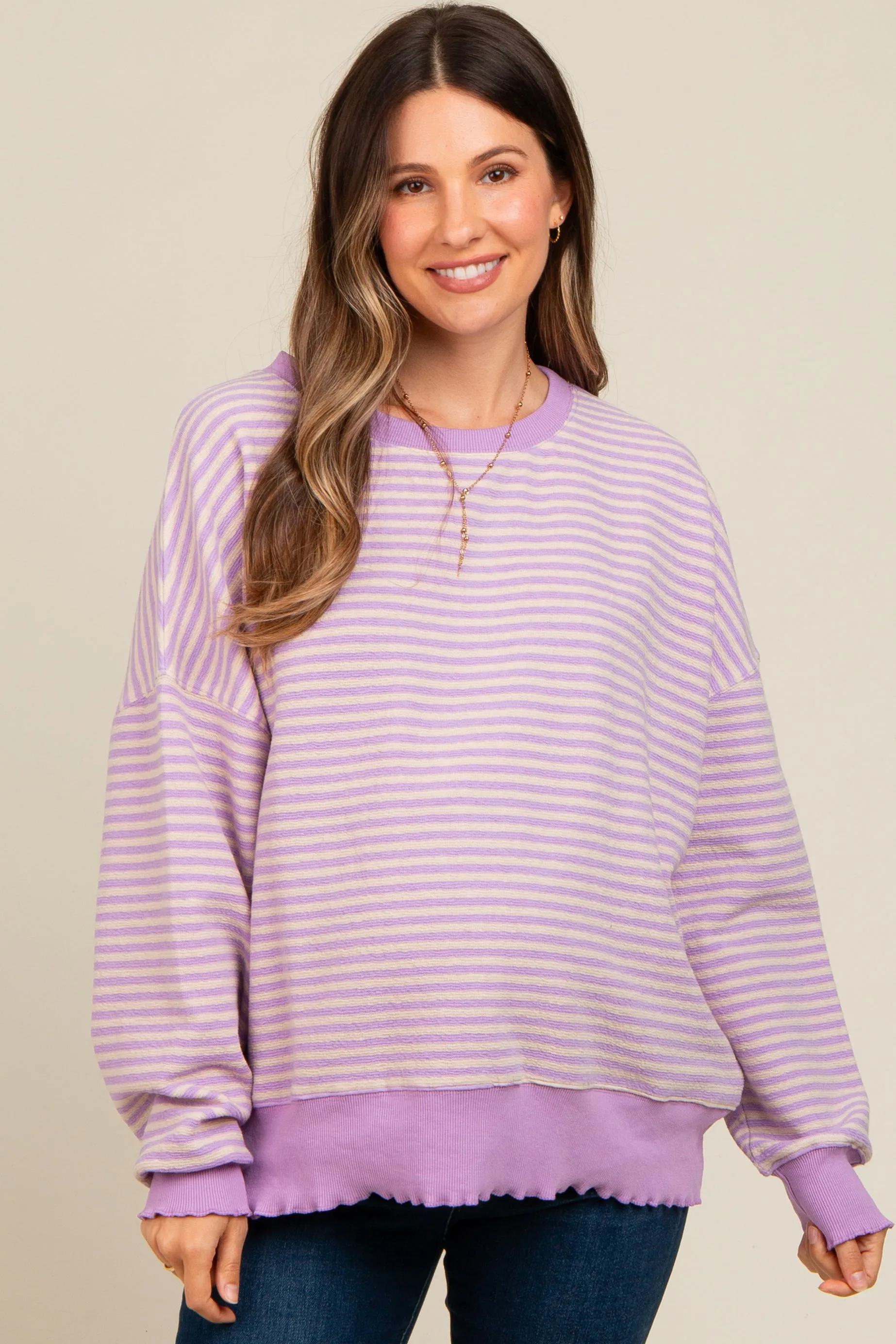 Lavender Striped Ruffle Hem Maternity Long Sleeve Top sold by Pinkblush