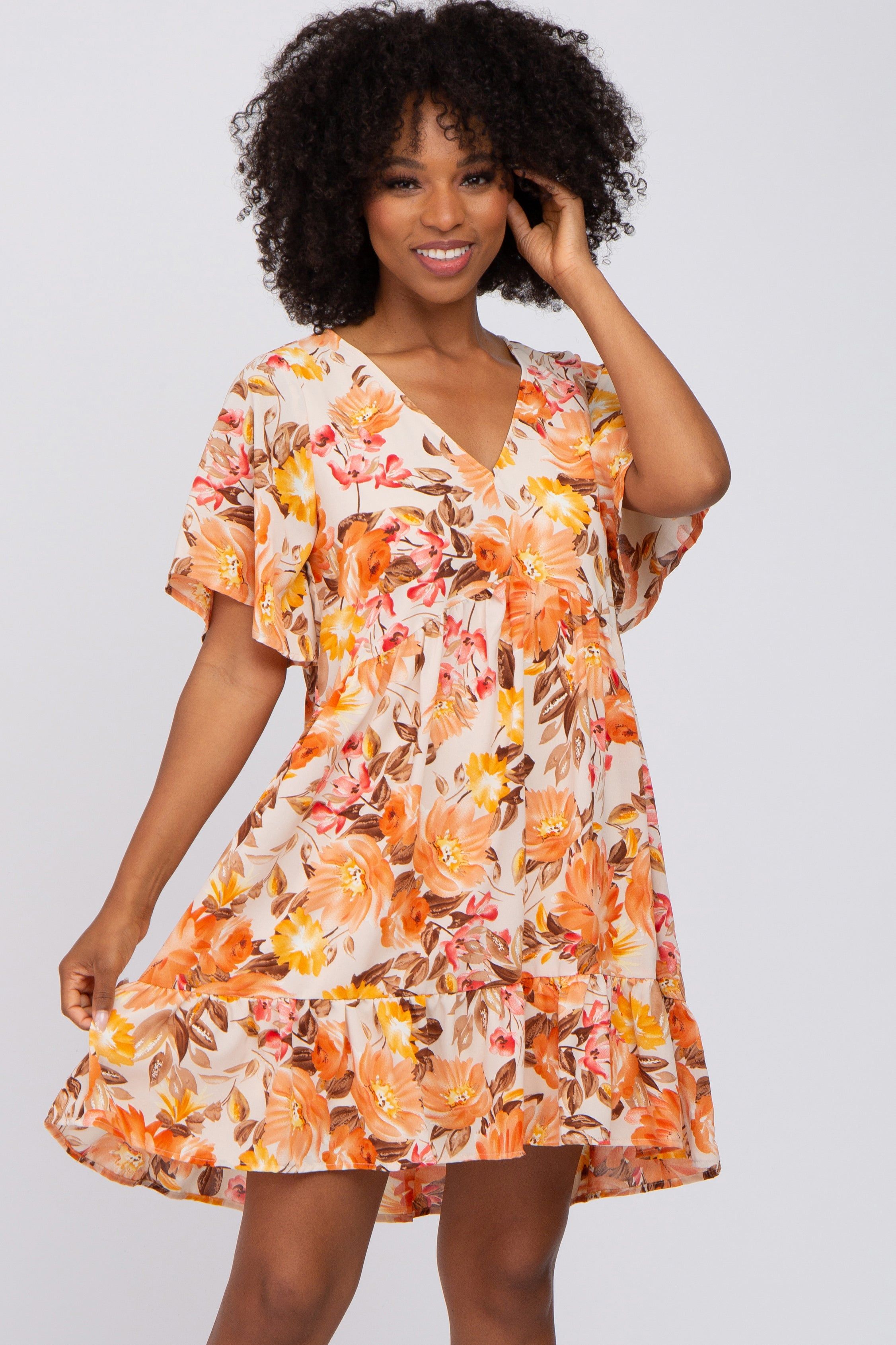 Beige Floral V-Neck Ruffle Hem Maternity Dress sold by Pinkblush product image thumbnail 5