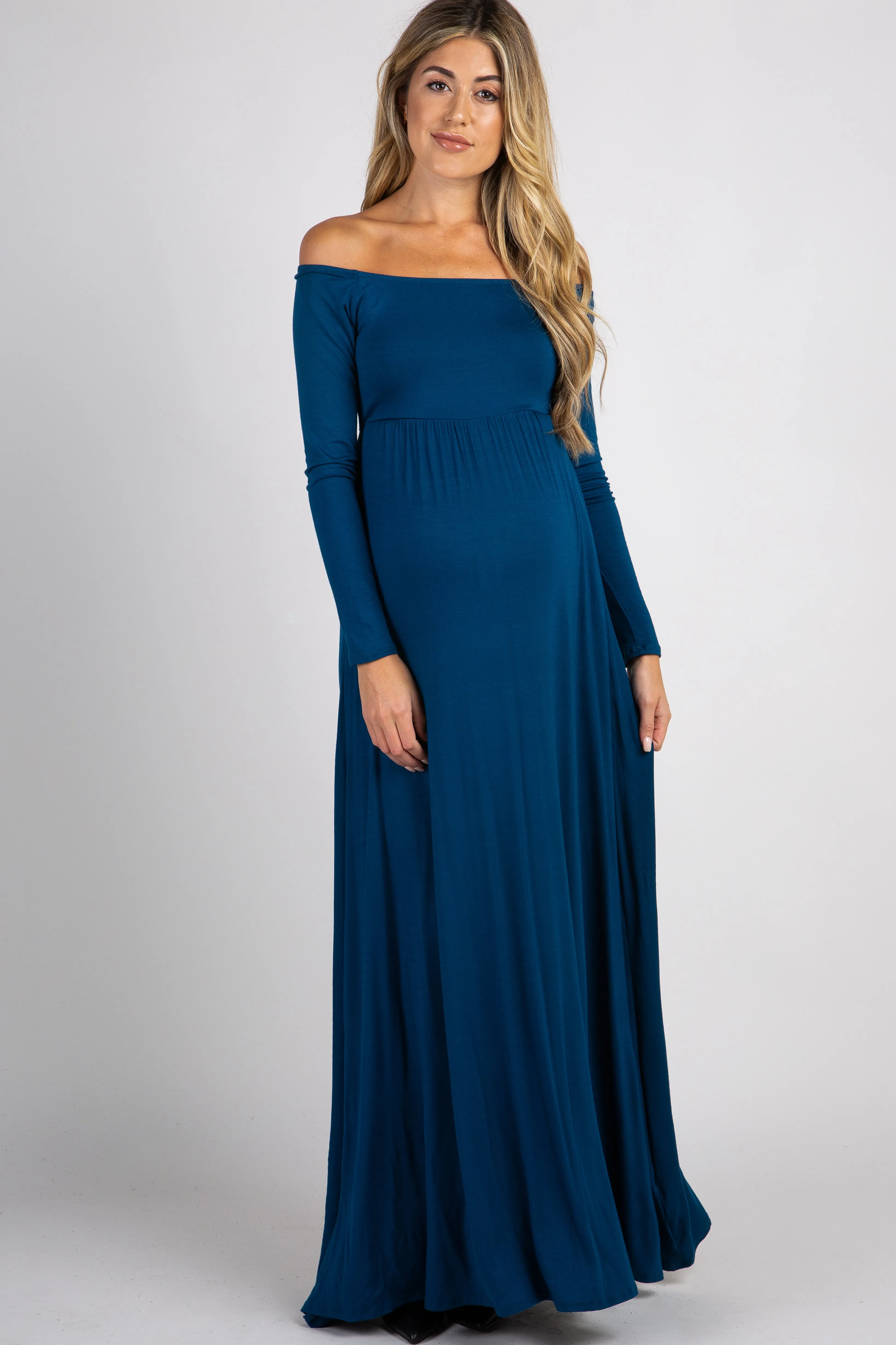 PinkBlush Dark Teal Solid Off Shoulder Maternity Maxi Dress sold by Pinkblush