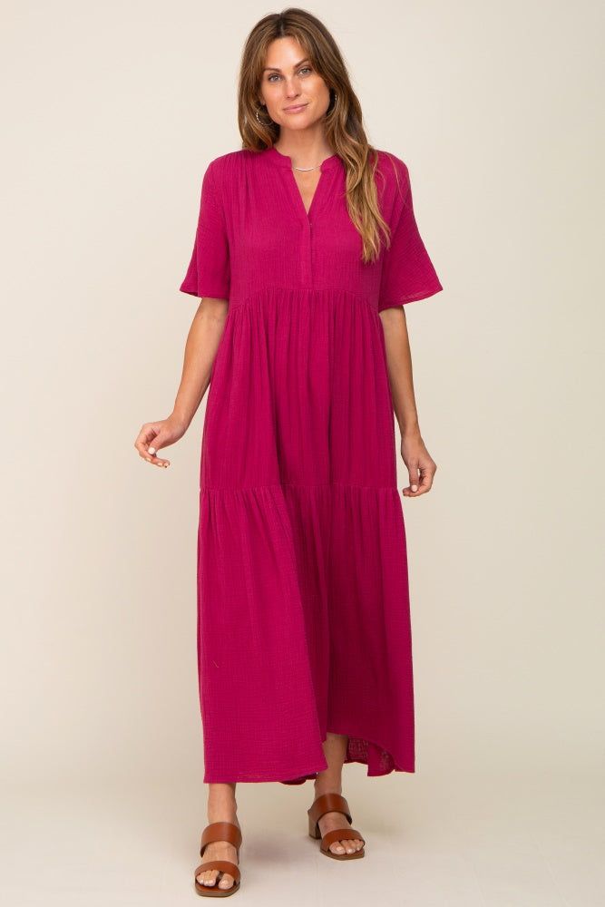 Magenta Gauze Split V-Neck Tiered Maxi Dress sold by Pinkblush product image thumbnail 4