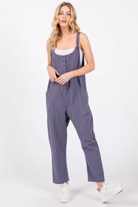 Blue Button Down Cropped Jumpsuit sold by Pinkblush