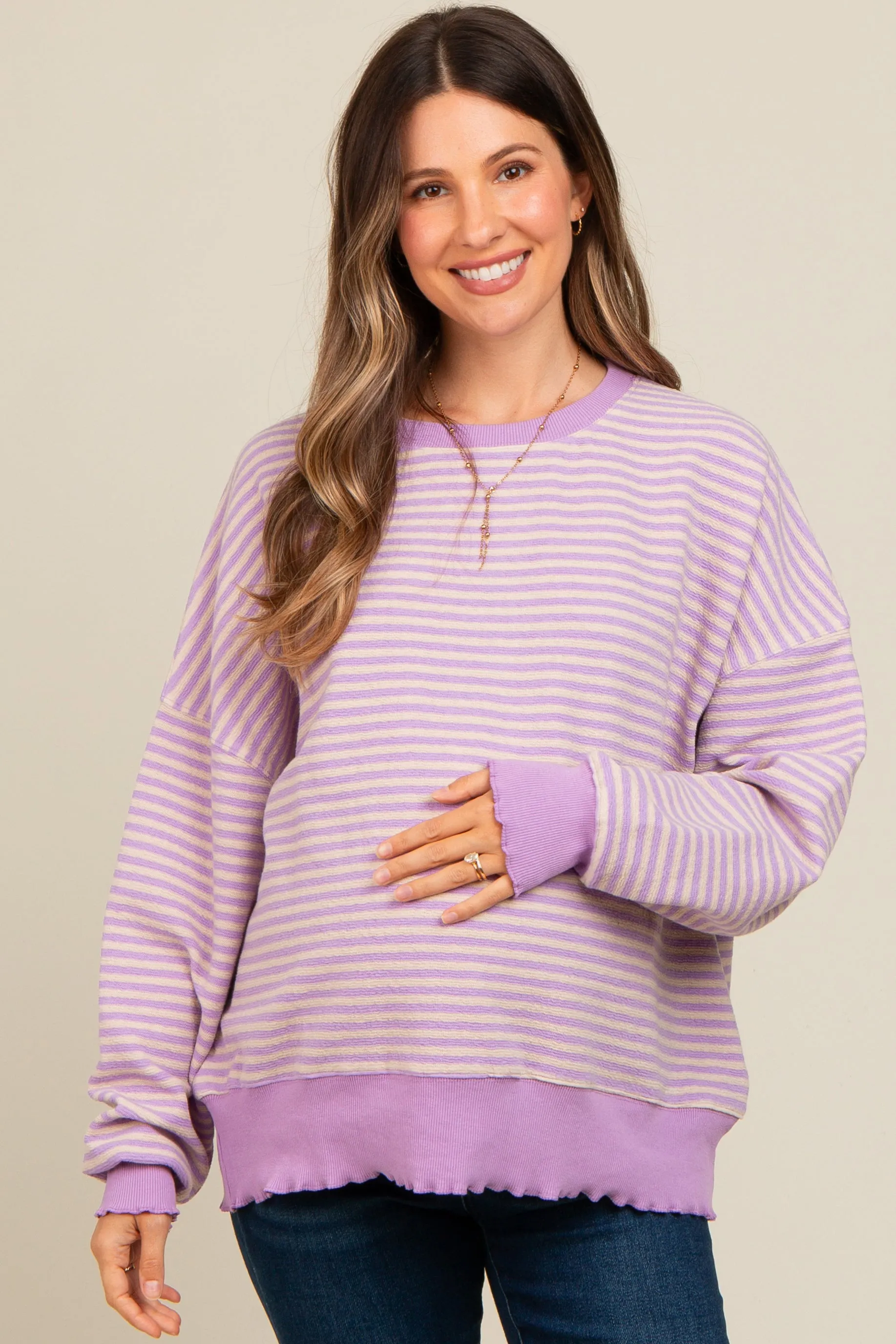 Lavender Striped Ruffle Hem Maternity Long Sleeve Top sold by Pinkblush product image thumbnail 2