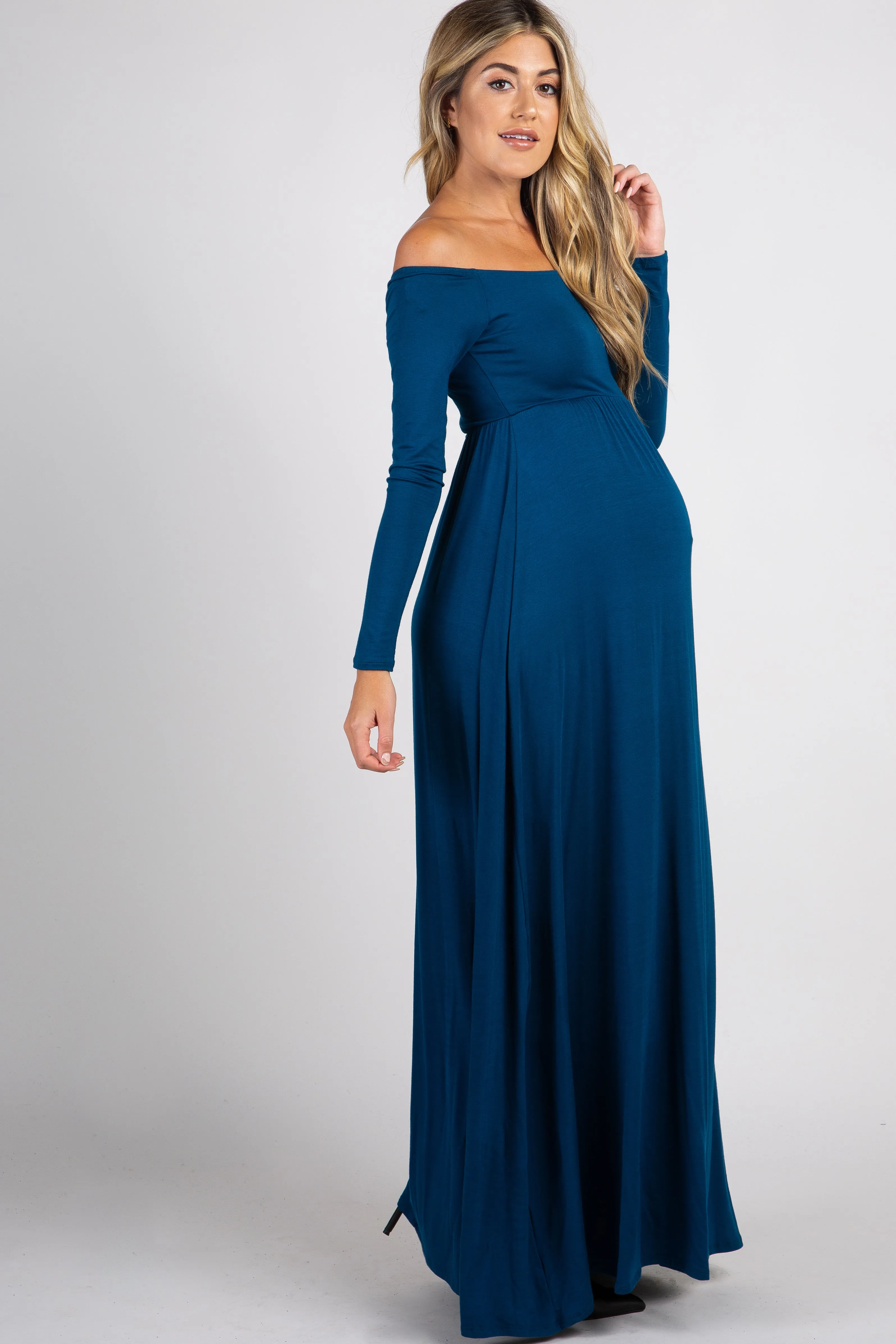 PinkBlush Dark Teal Solid Off Shoulder Maternity Maxi Dress sold by Pinkblush product image thumbnail 2