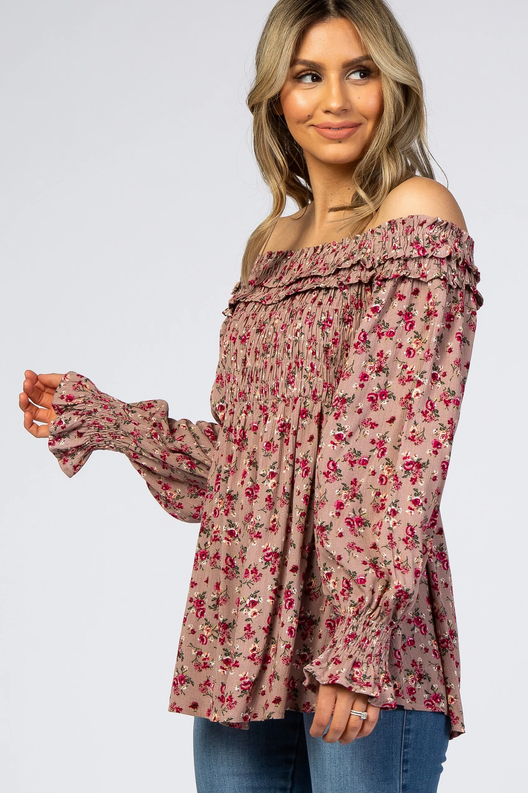 Mauve Floral Off Shoulder Long Sleeve Top sold by Pinkblush product image thumbnail 2
