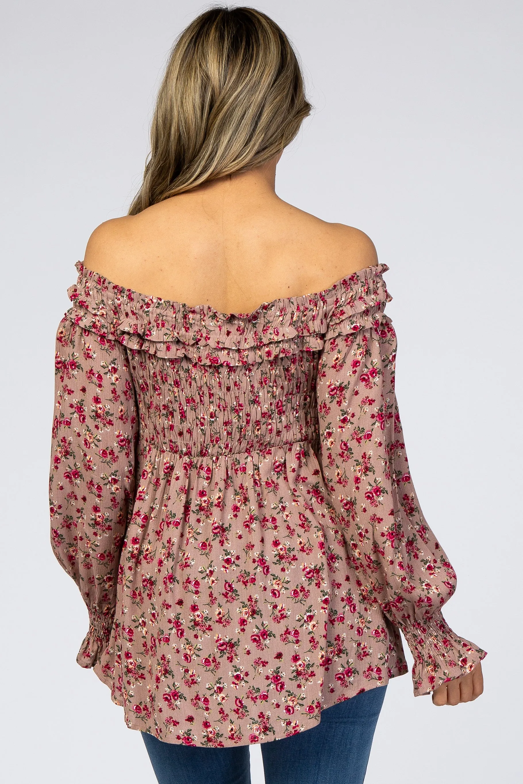 Mauve Floral Off Shoulder Long Sleeve Top sold by Pinkblush product image thumbnail 3