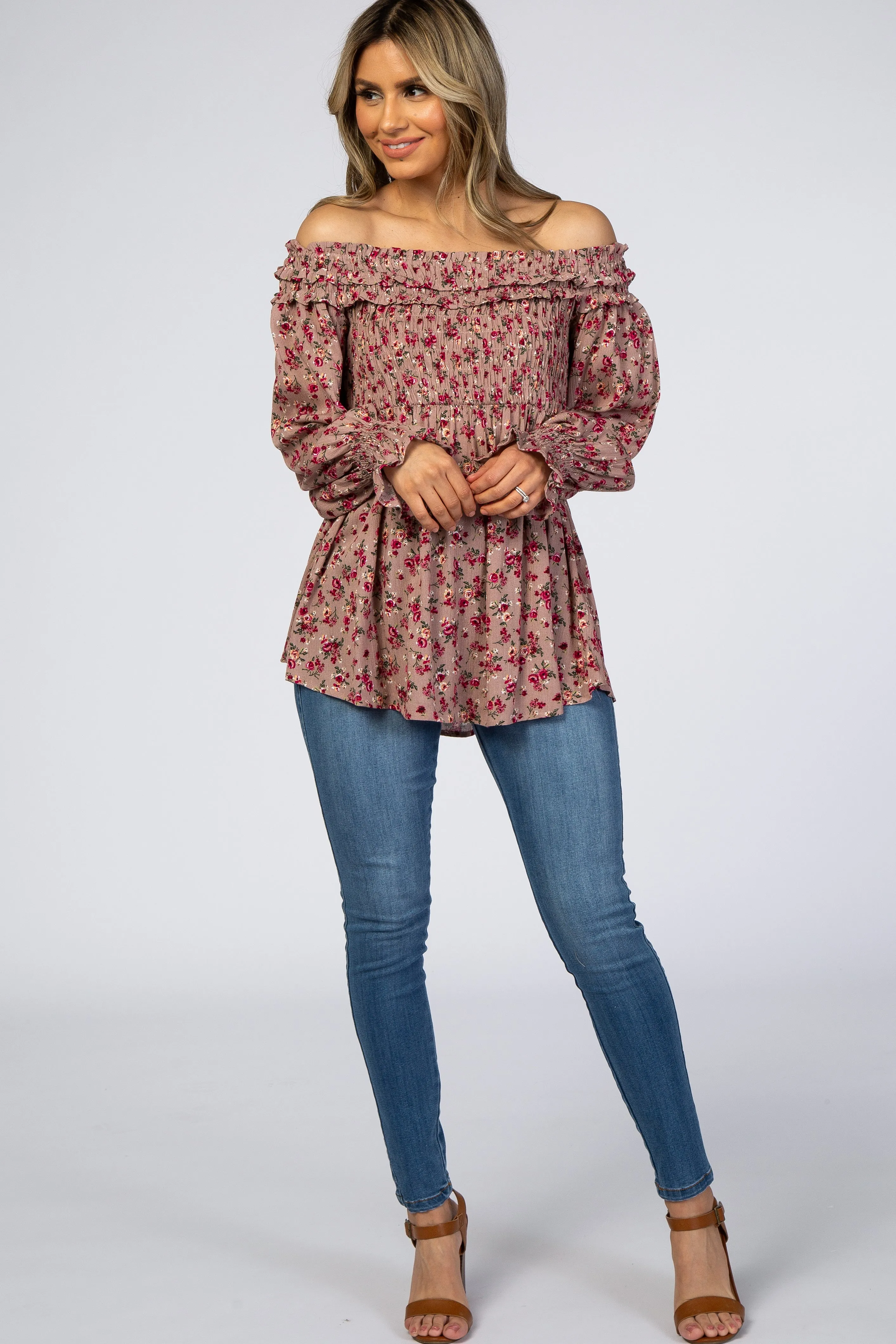 Mauve Floral Off Shoulder Long Sleeve Top sold by Pinkblush product image thumbnail 4