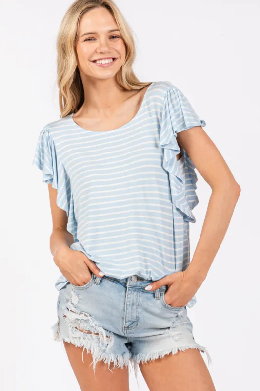 Light Blue Striped Ruffle Sleeve Top sold by Pinkblush