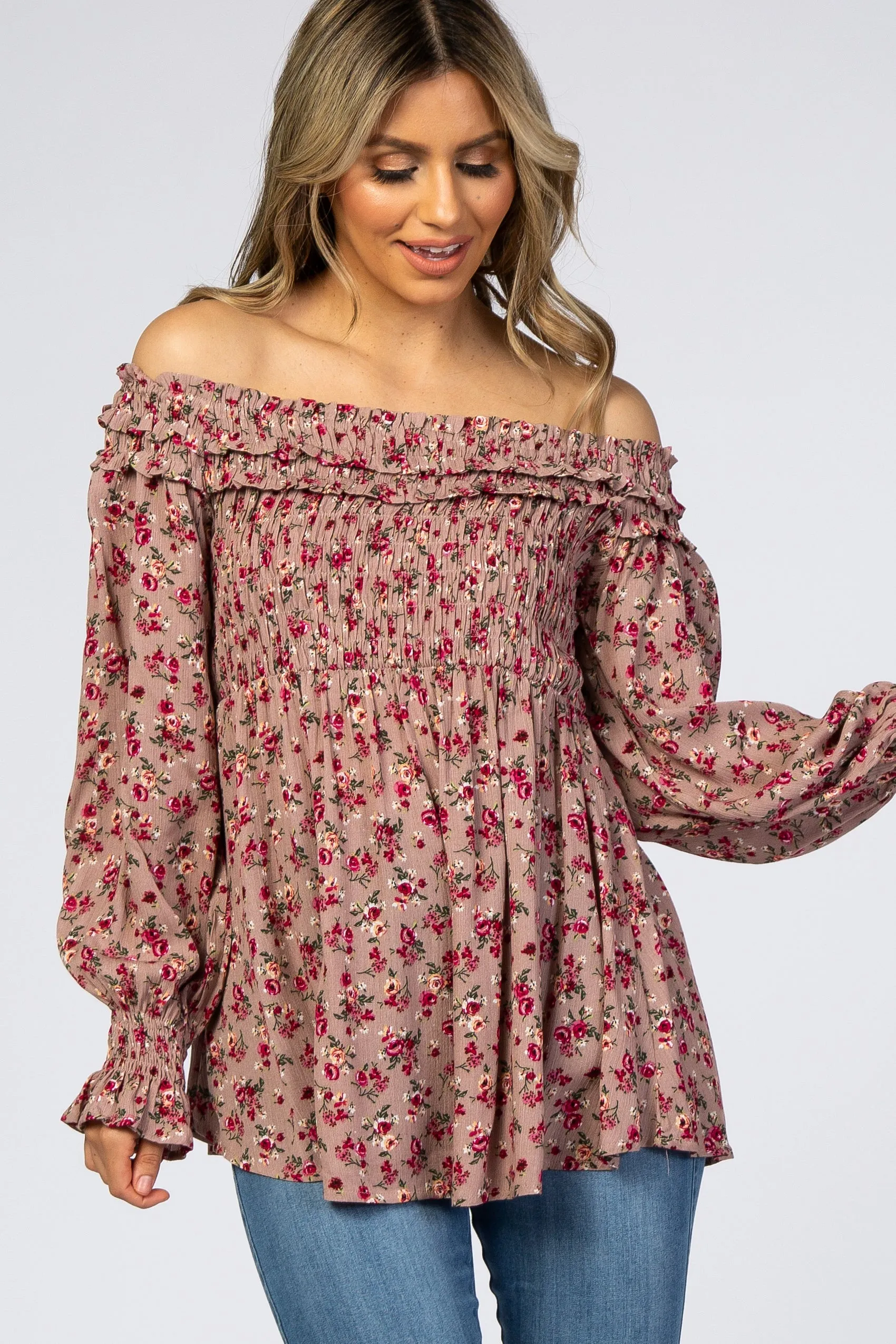 Mauve Floral Off Shoulder Long Sleeve Top sold by Pinkblush