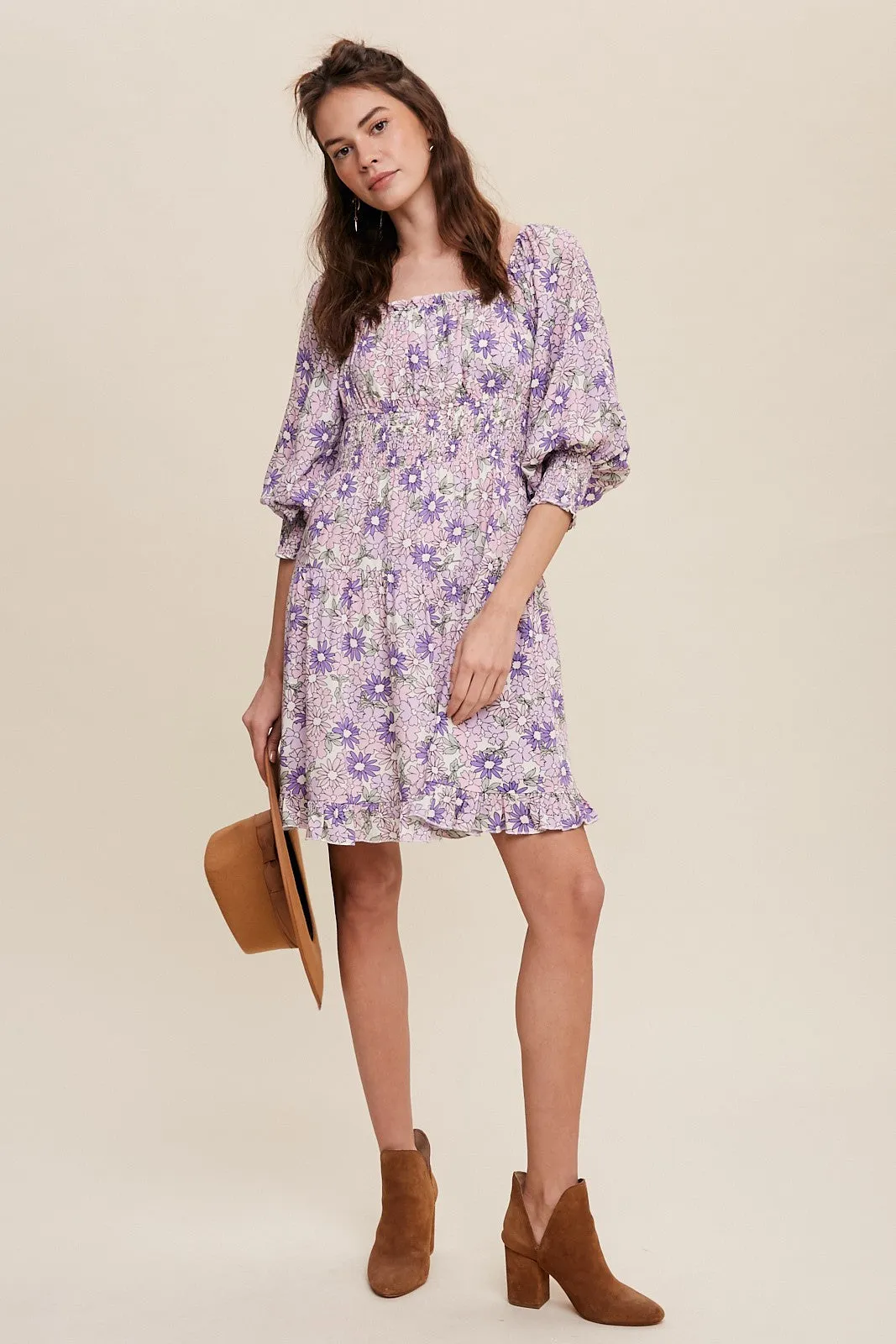 Lavender Flower Print Square Neck And Puff Sleeve Dress sold by Pinkblush product image thumbnail 5