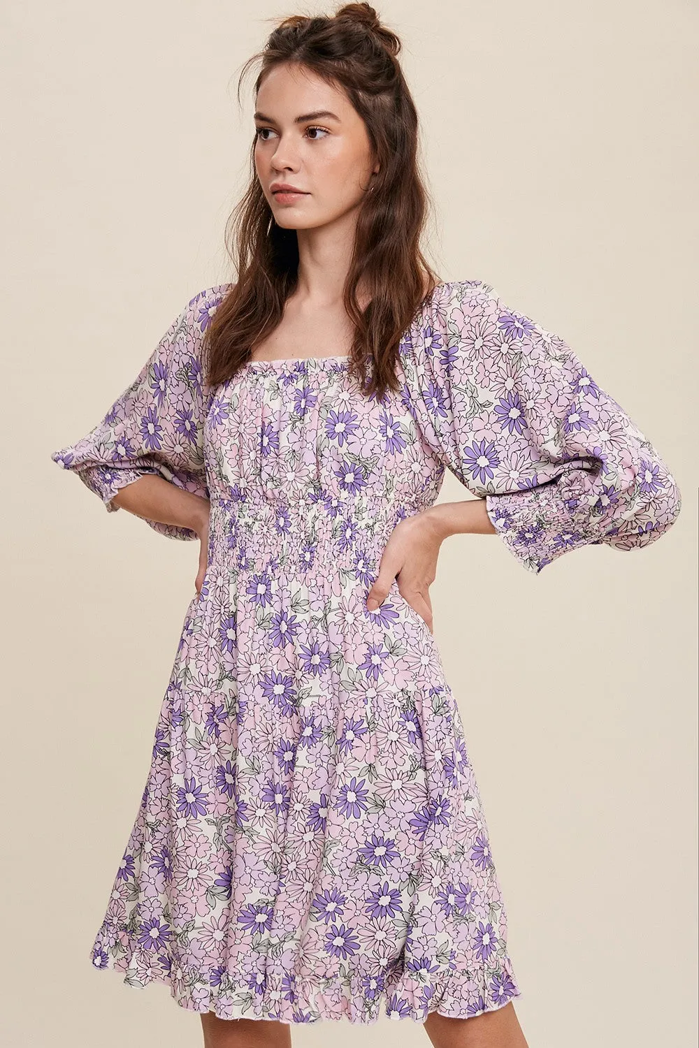Lavender Flower Print Square Neck And Puff Sleeve Dress sold by Pinkblush product image thumbnail 2