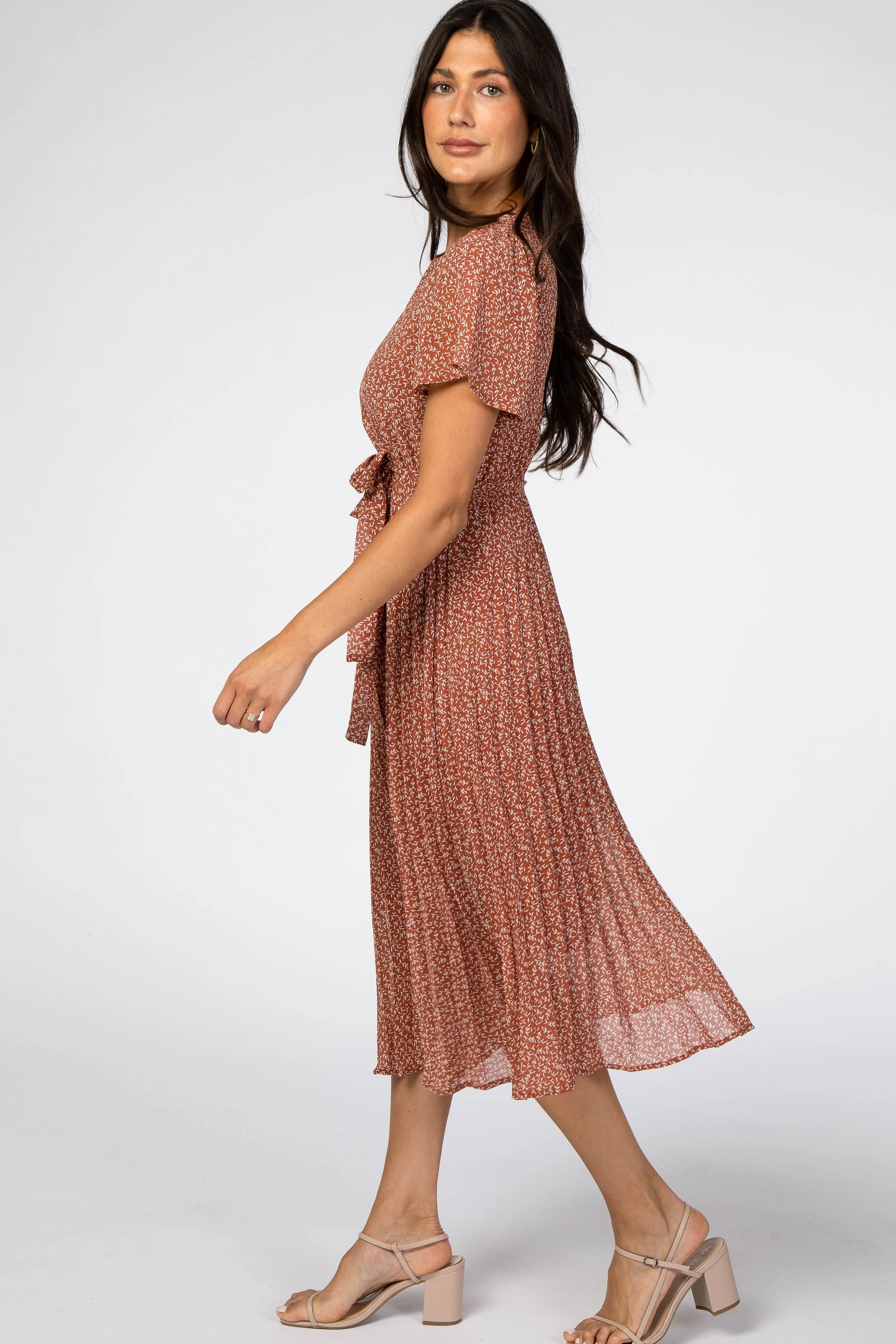 Rust Leaf Print Pleated Midi Dress sold by Pinkblush product image thumbnail 2