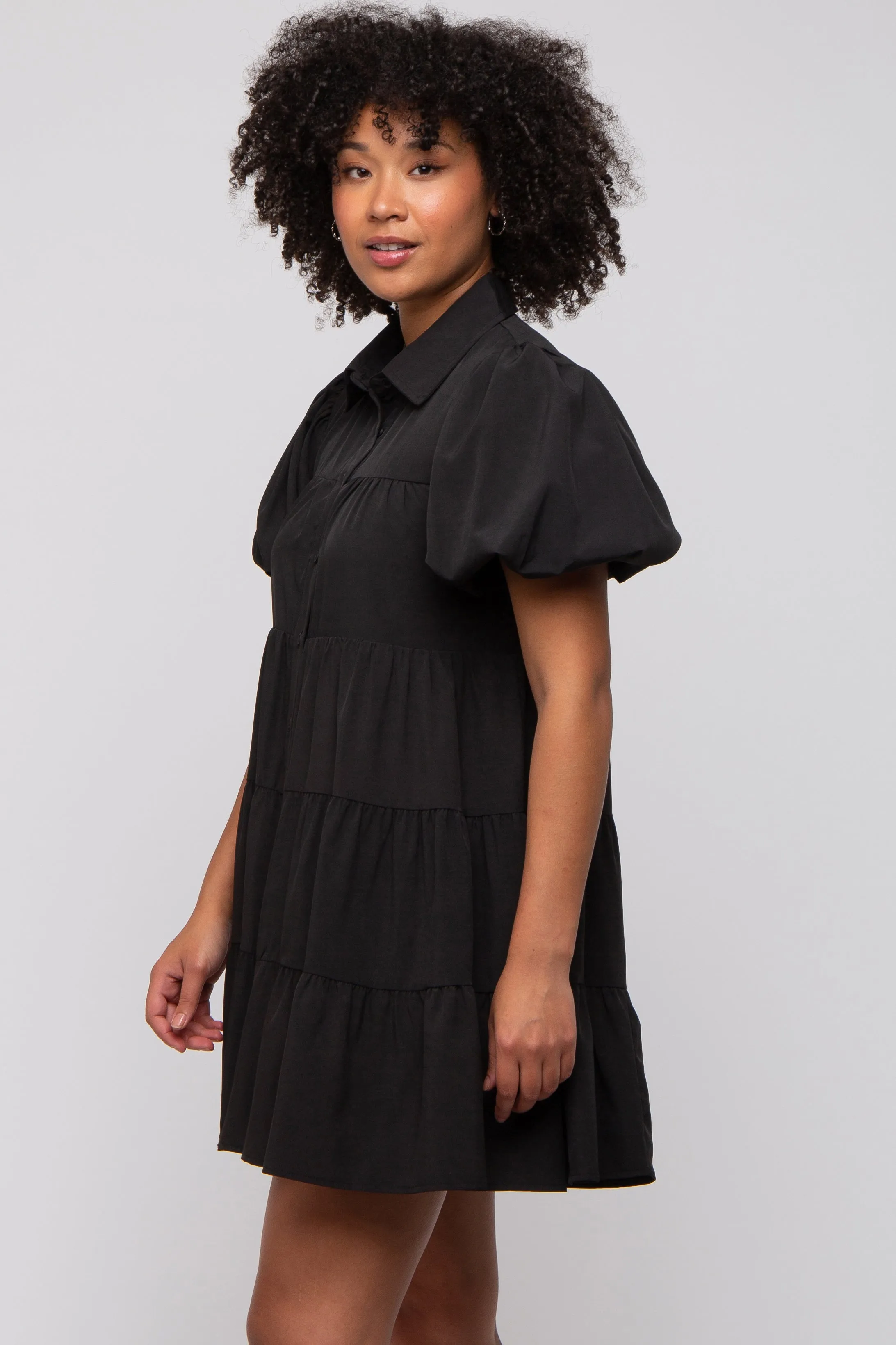 Black Puff Sleeve Mini Shirt Dress sold by Pinkblush product image thumbnail 2
