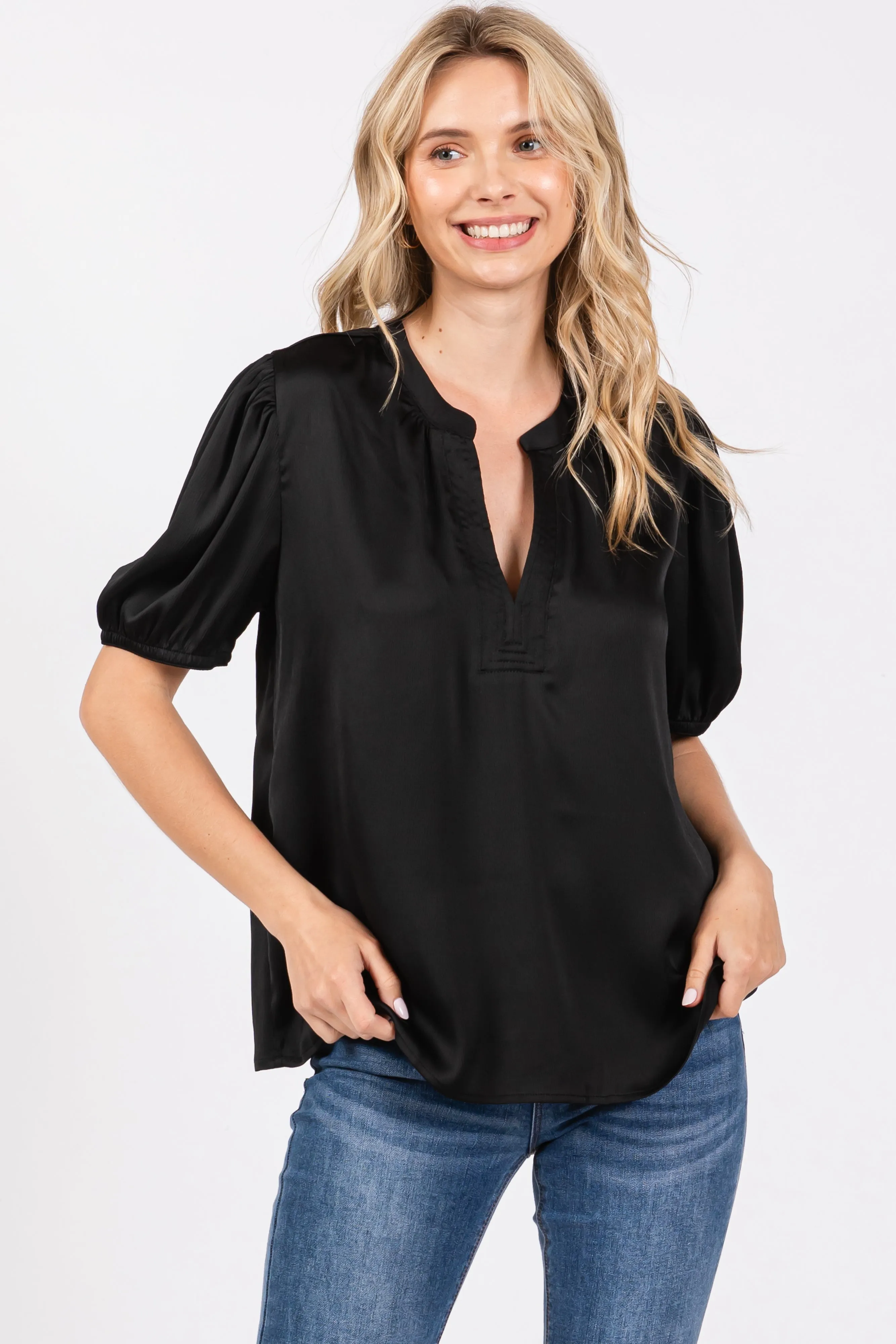 Black V-Neck Puff Sleeve Blouse sold by Pinkblush product image thumbnail 2