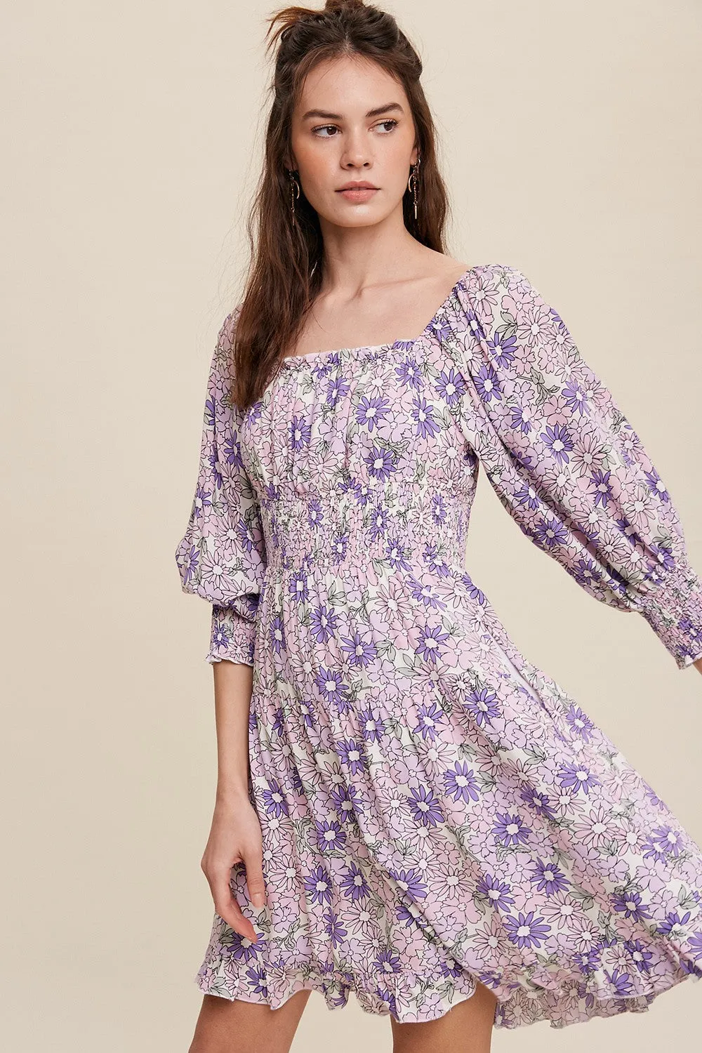 Lavender Flower Print Square Neck And Puff Sleeve Dress sold by Pinkblush product image thumbnail 3