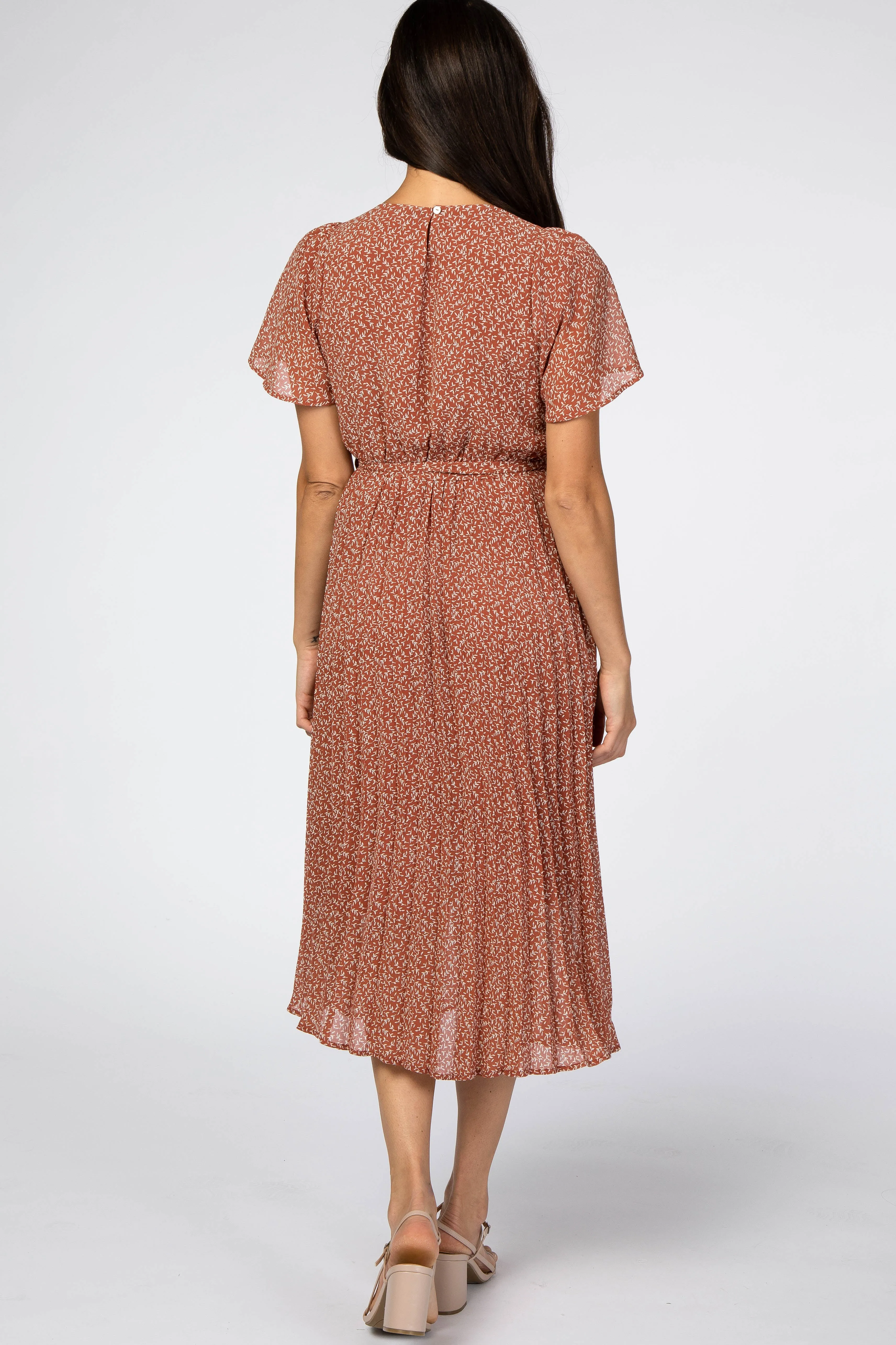 Rust Leaf Print Pleated Midi Dress sold by Pinkblush product image thumbnail 3