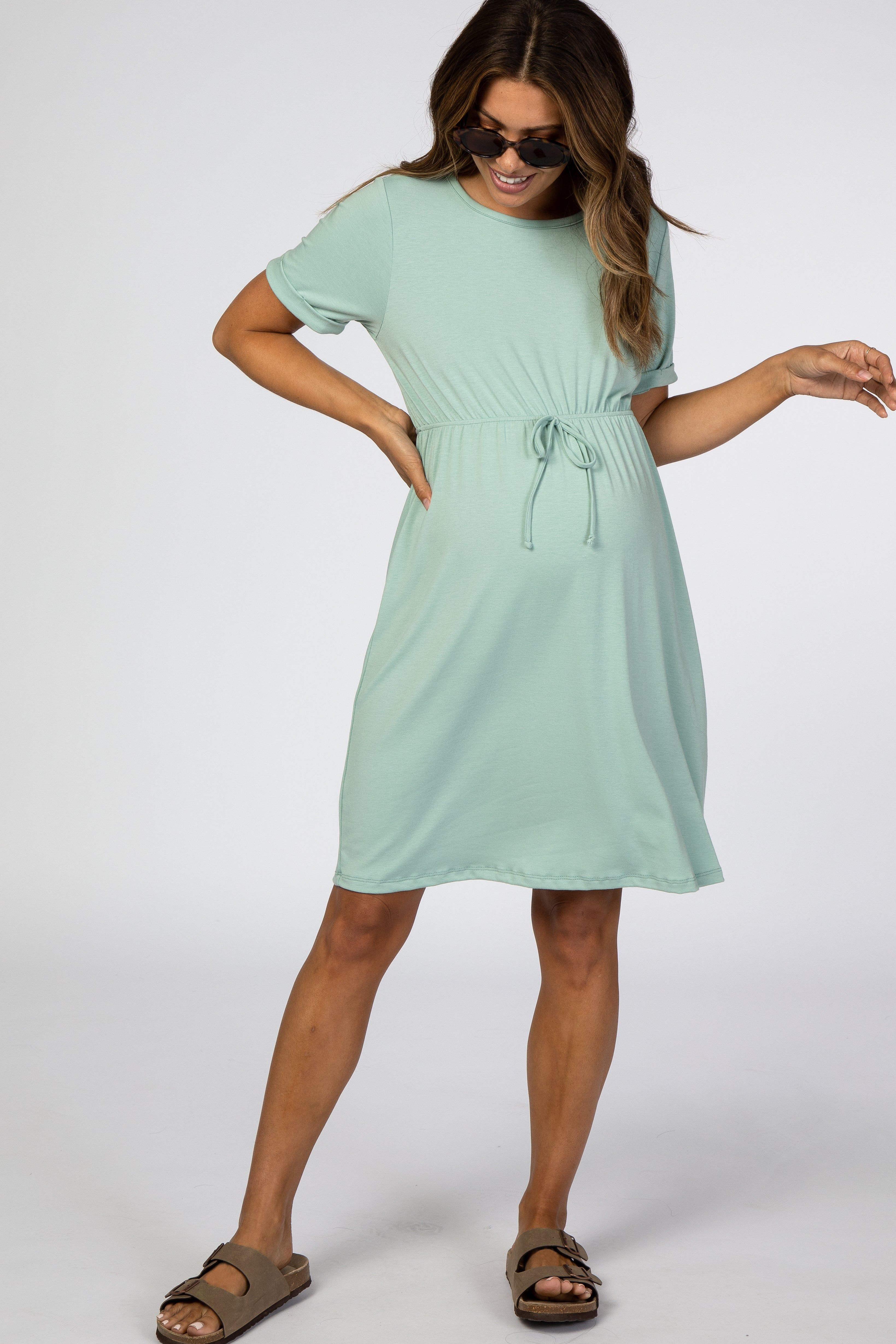 Mint Short Sleeve Waist Tie Maternity Dress sold by Pinkblush
