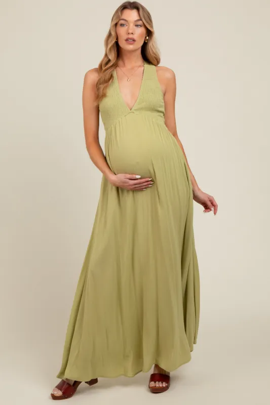 Lime Deep V-Neck Cross Back Maternity Maxi Dress sold by Pinkblush