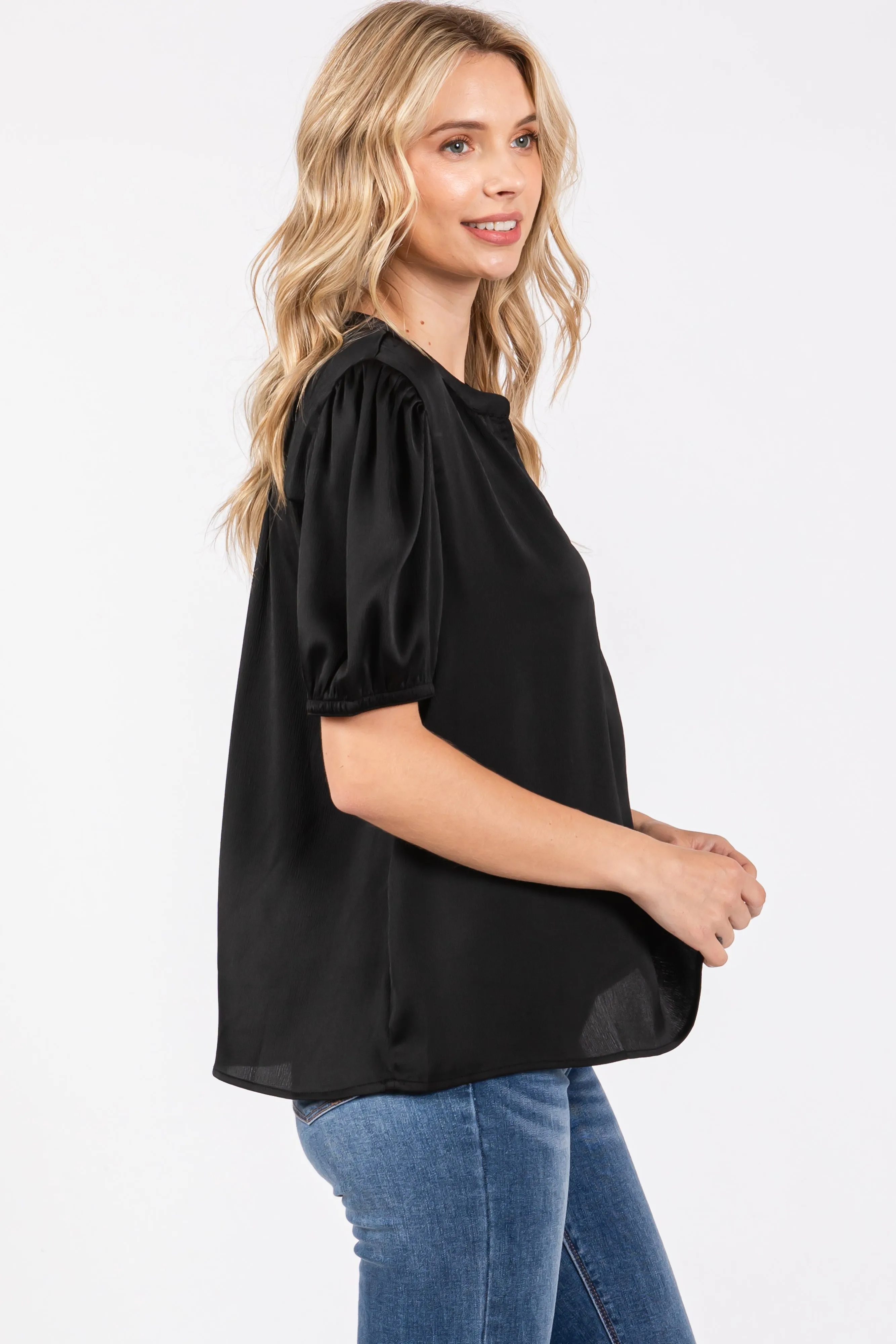 Black V-Neck Puff Sleeve Blouse sold by Pinkblush product image thumbnail 3
