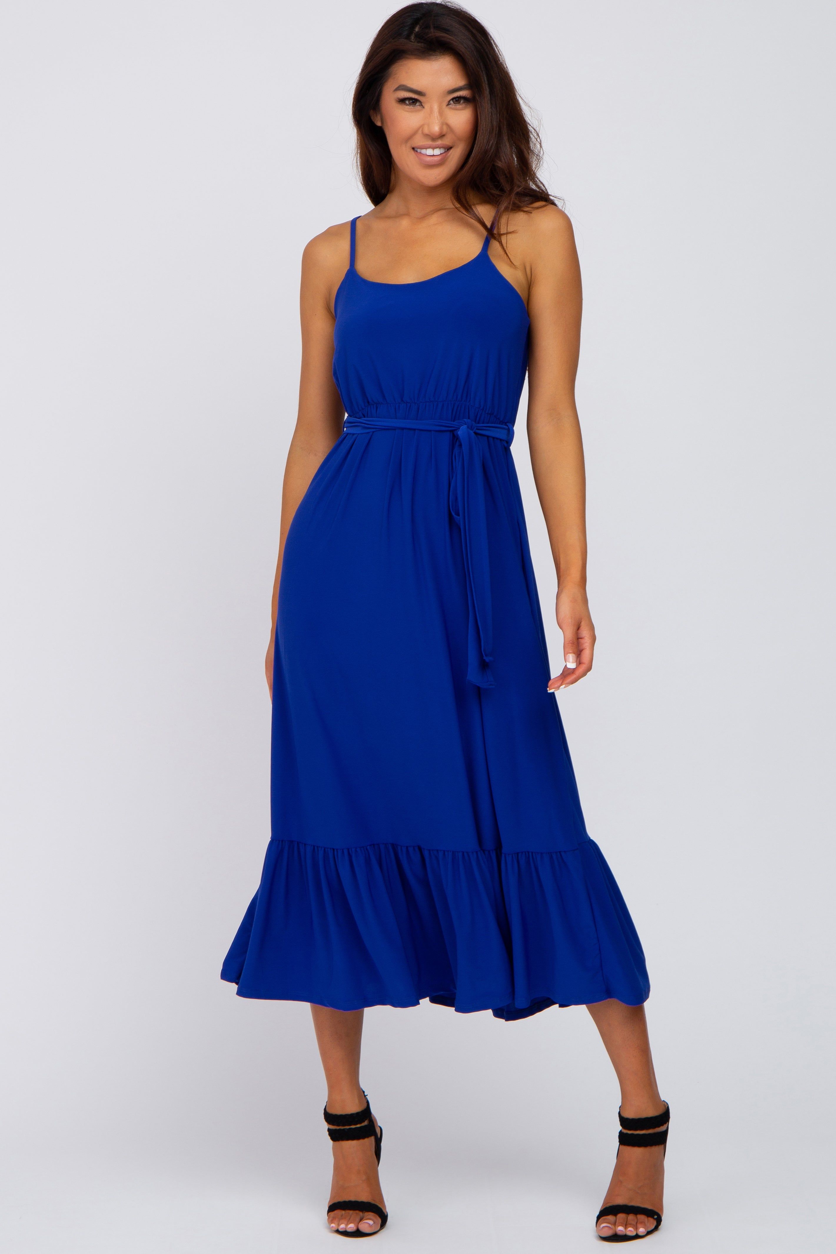 Royal Blue Waist Tie Ruffle Hem Midi Dress sold by Pinkblush