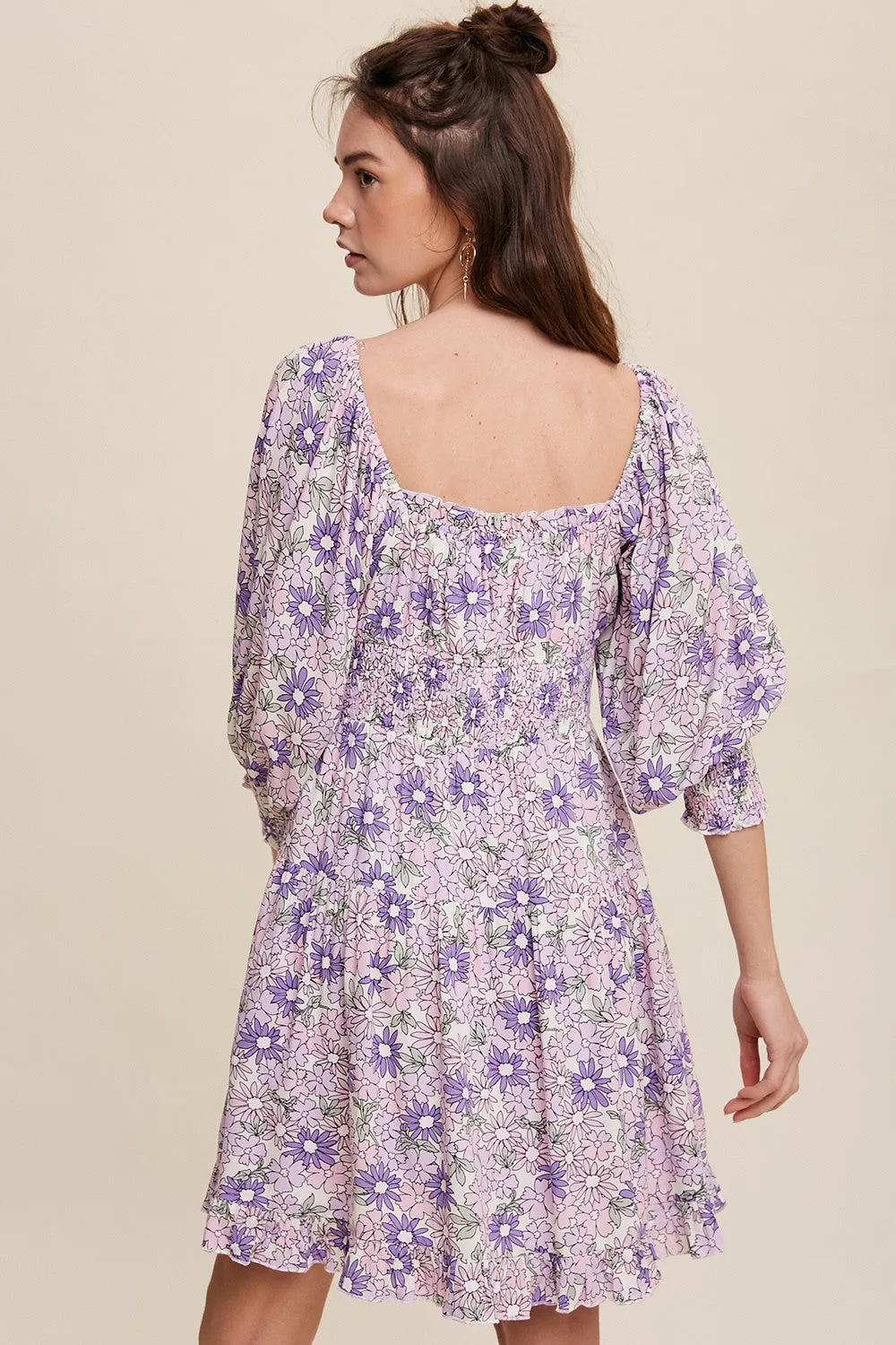 Lavender Flower Print Square Neck And Puff Sleeve Dress sold by Pinkblush product image thumbnail 4