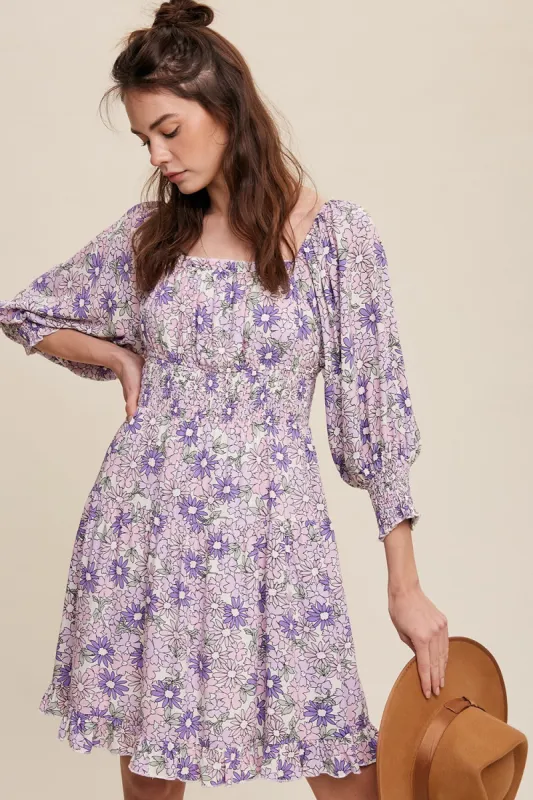 Lavender Flower Print Square Neck And Puff Sleeve Dress sold by Pinkblush