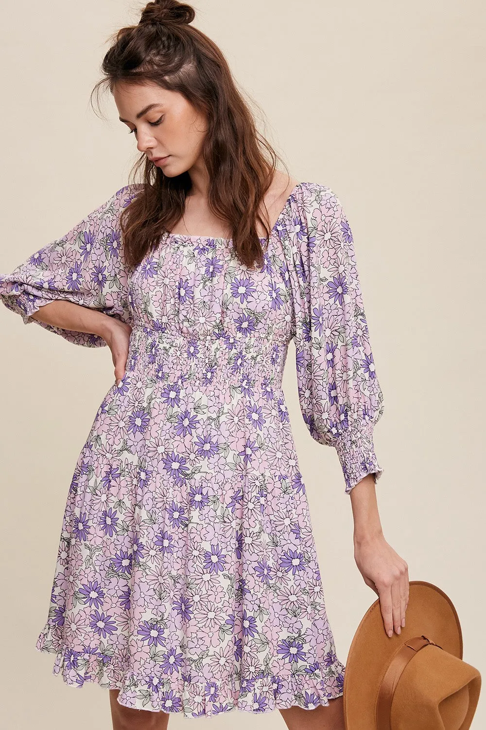 Lavender Flower Print Square Neck And Puff Sleeve Dress sold by Pinkblush