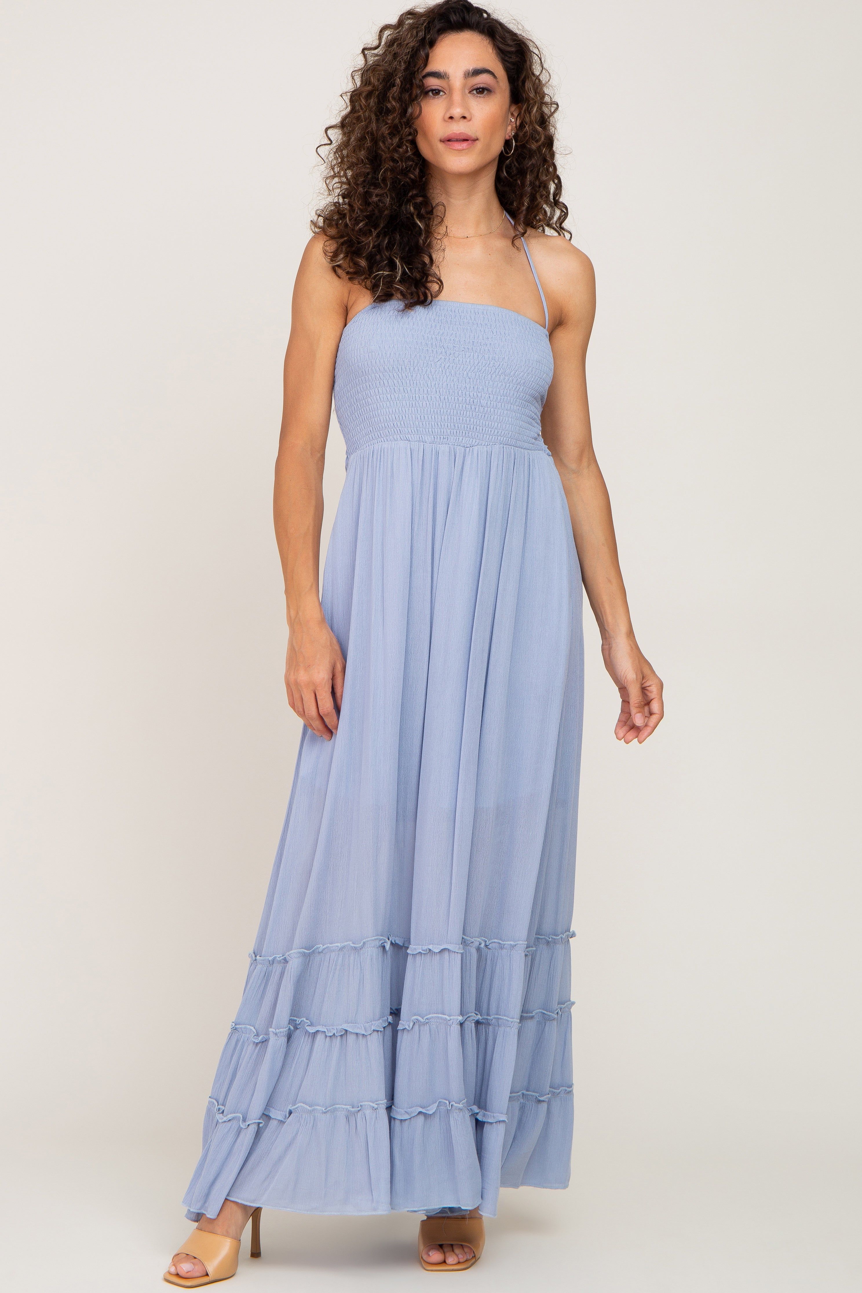 Light Blue Halter Smocked Maxi Dress sold by Pinkblush product image thumbnail 4