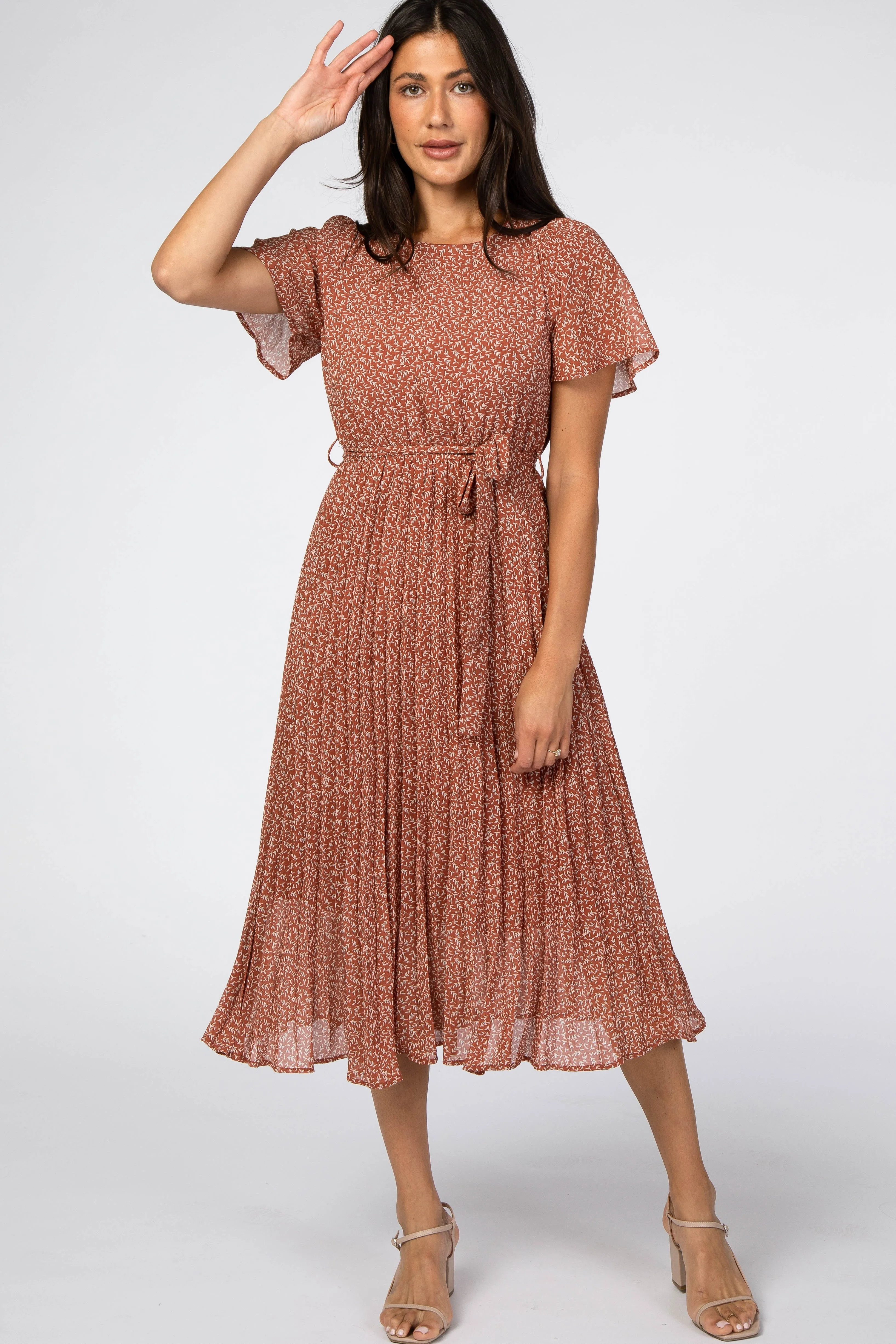 Rust Leaf Print Pleated Midi Dress sold by Pinkblush